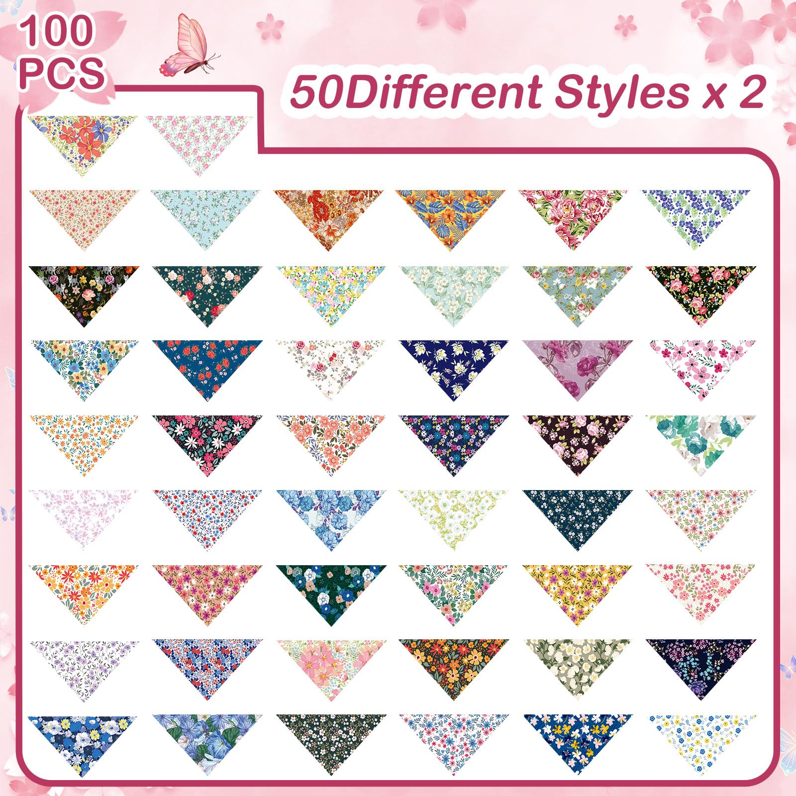 Sweetude 100 bandanas florales para perro, bufanda triangular ajustable de verano para perro, disfraz lavable para perro, gato, elegante babero para mascotas pequeñas a medianas