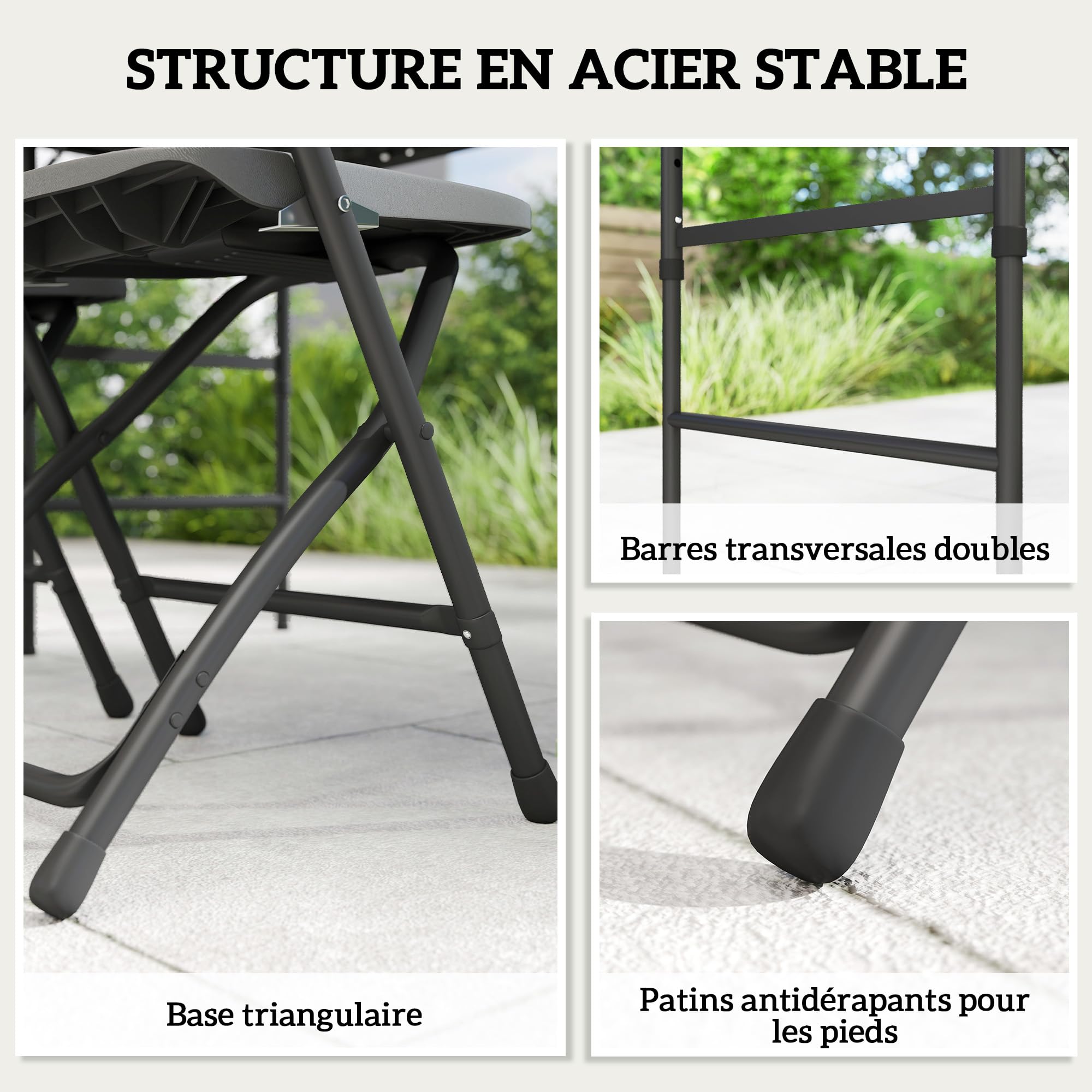 Outsunny Salon de Jardin extérieur 4 Personnes, Table de Jardin extérieure avec 4 chaises Pliables, Table réglable en Hauteur, 118 cm, Plateau Effet Bois, mobilier de terrasse Patio Gris foncé