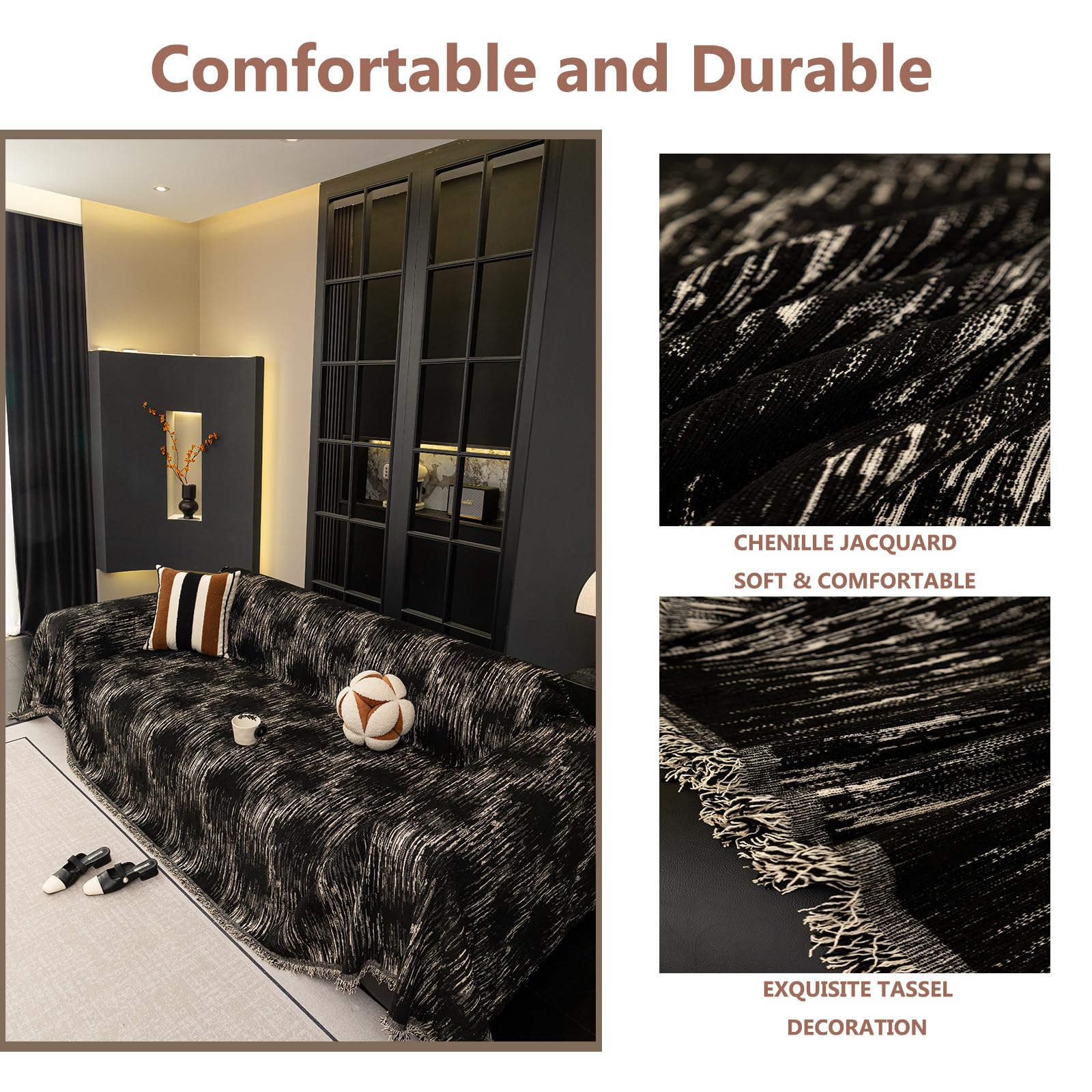 Manta Decorativa para el Hogar Todo el Año para Sofá, Sillón, Cama,Negro,180x420cm