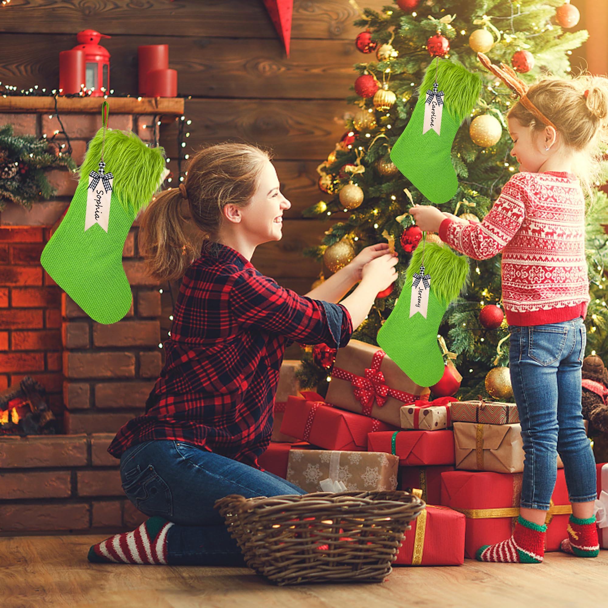 Calza di Natale in peluche verde da 18 pollici con etichetta di nome Decorazione natalizia da appendere Regalo