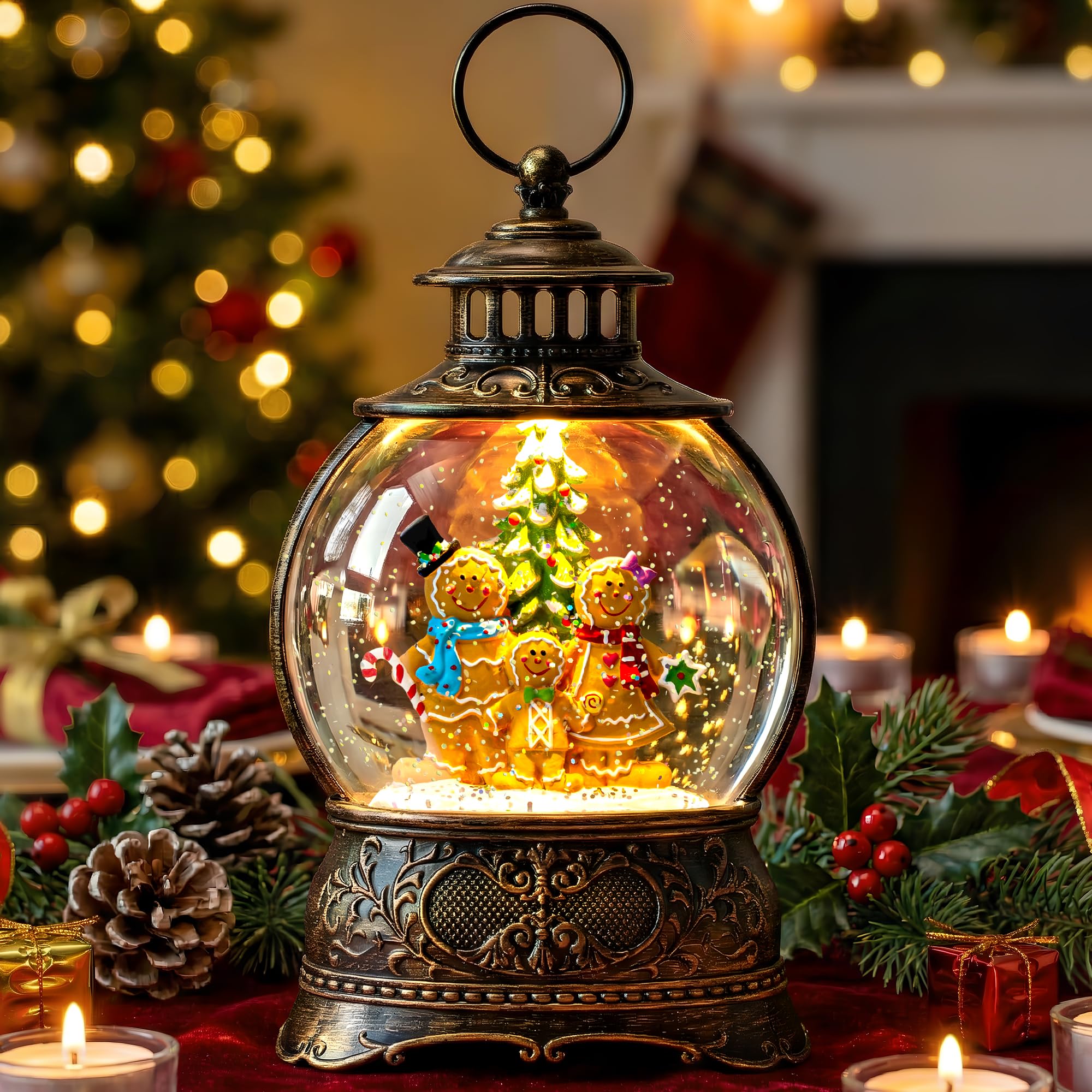 Christmas Snow Globe Lantern Water Glittering Gingerbread Family with Music&amp; Timer, USB Lined/Battery Operated Lighted Lantern for Christmas Festival Decoration Gifts