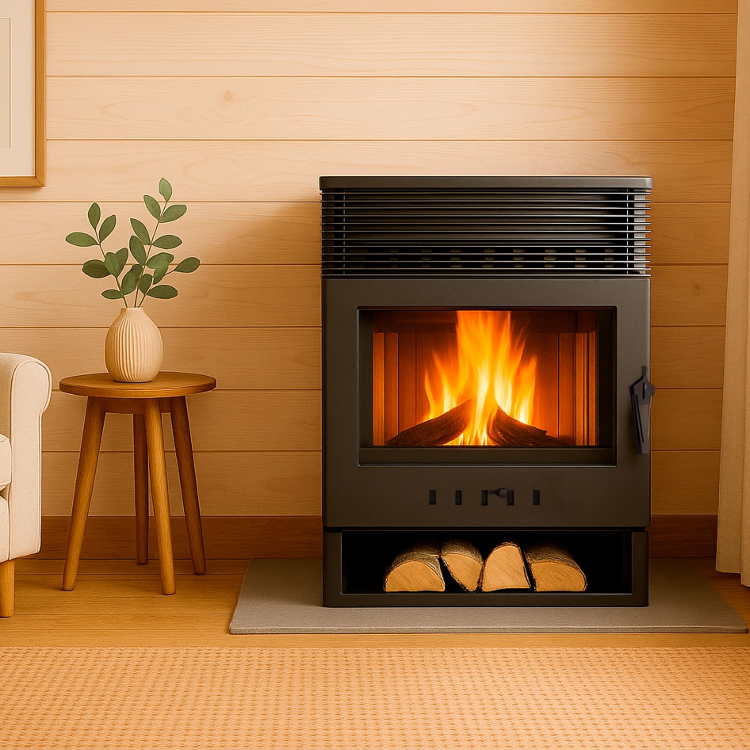 EIDER BIOMASA Estufa de Leña TOKIO VENTILADA – 12,85 kW – Rendimiento 85,6% – Hasta 230.0 m³ – Doble Combustión – Certificada CE