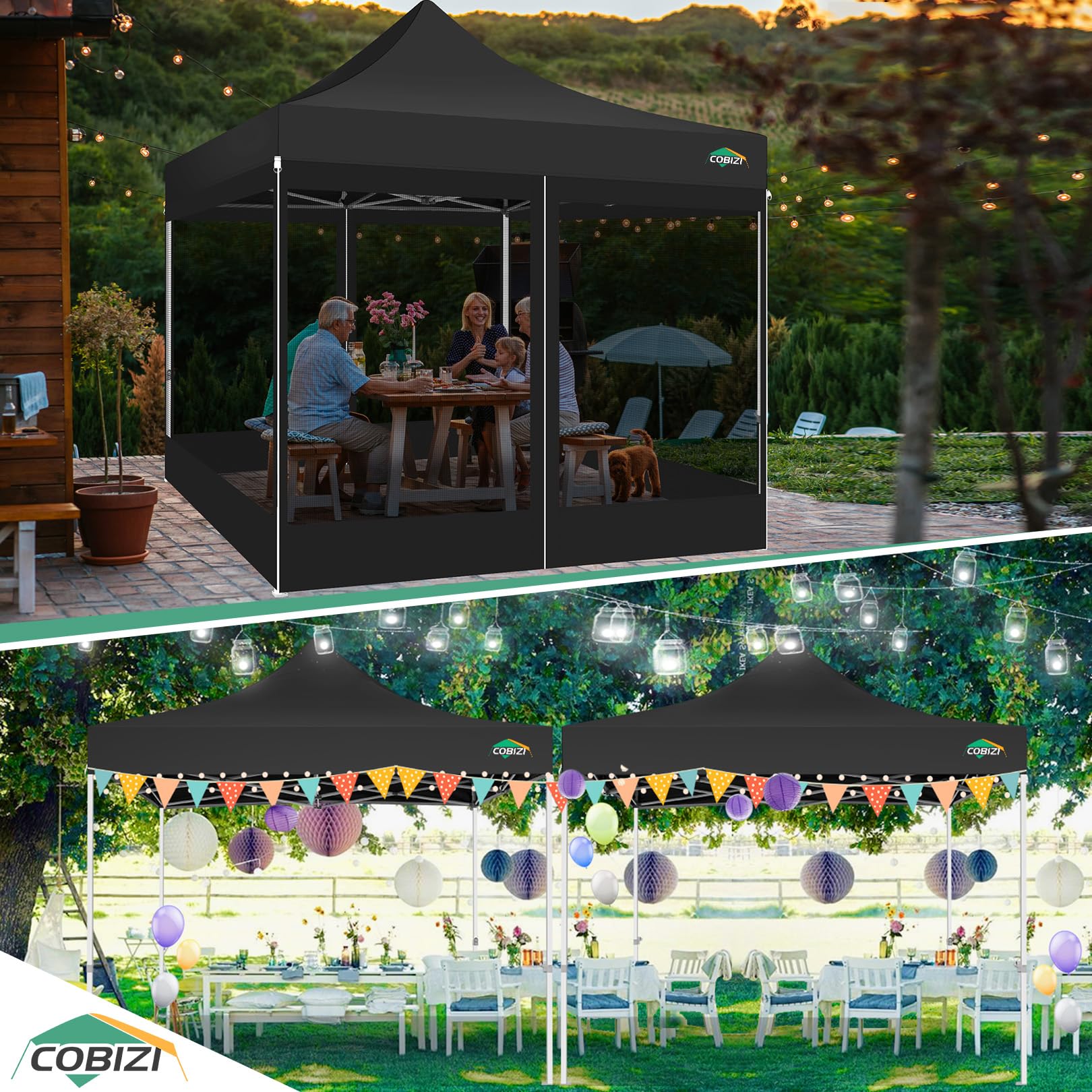 COBIZI Pavillon 3x3 Faltpavillon 3x3 Wasserdicht Stabil, Partyzelt Gartenpavillon UV-Schutz mit 4 Seitenwänden aus Mesh,Schwarz