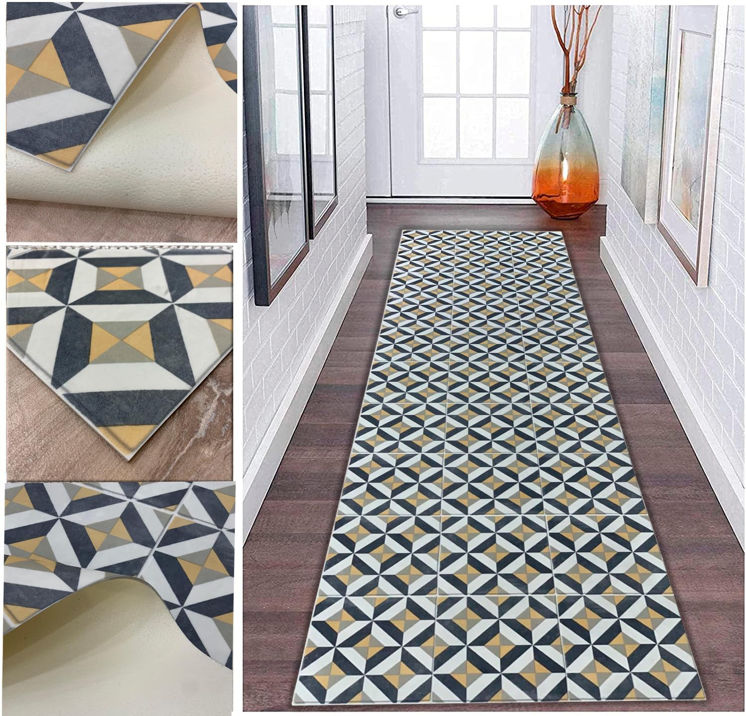 TADI & IMPERIO Alfombra Vinilo Hidráulica, de Rombos Color Gris Claro,Gris Oscuro, Amarillo y Blanco Roto, para Pasillo, salón, Cocina, dormitorios o moqueta de Vinilo hidráulica.