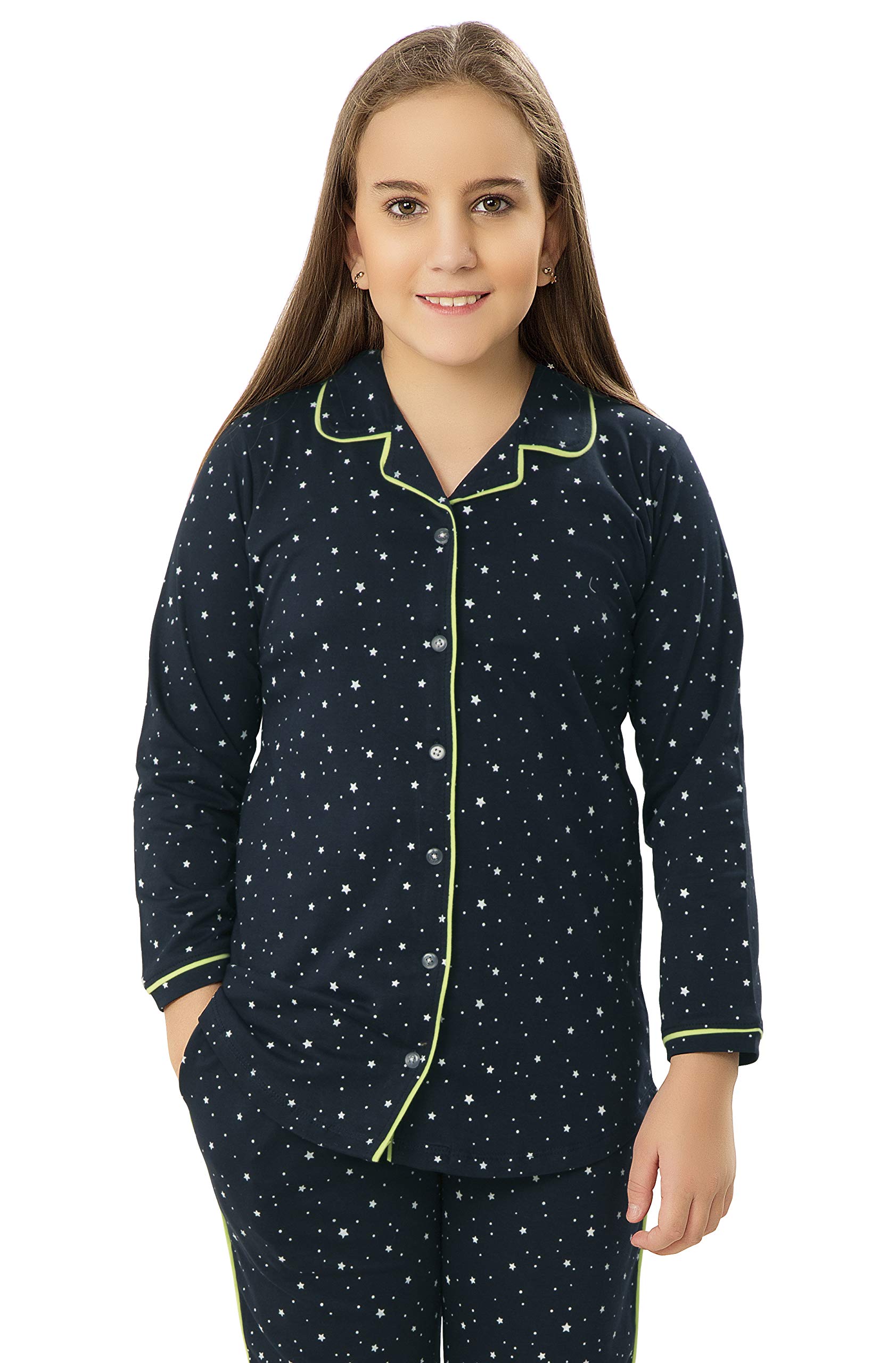 ZEYO Girl's Cotton Star & Dot Printed Navy Blue Night Suit Set of Shirt & Pyjama 5104