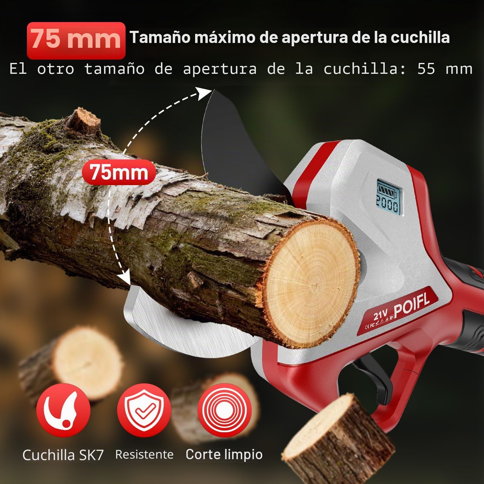 Tijeras de podar eléctricas, apertura de hoja de 75 mm, capacidad de corte de 50-60 mm, potencia de 1200 W, ajuste de doble velocidad, pantalla LCD, batería de 21 V 4000 mAh, cuchillas afiladas SK7