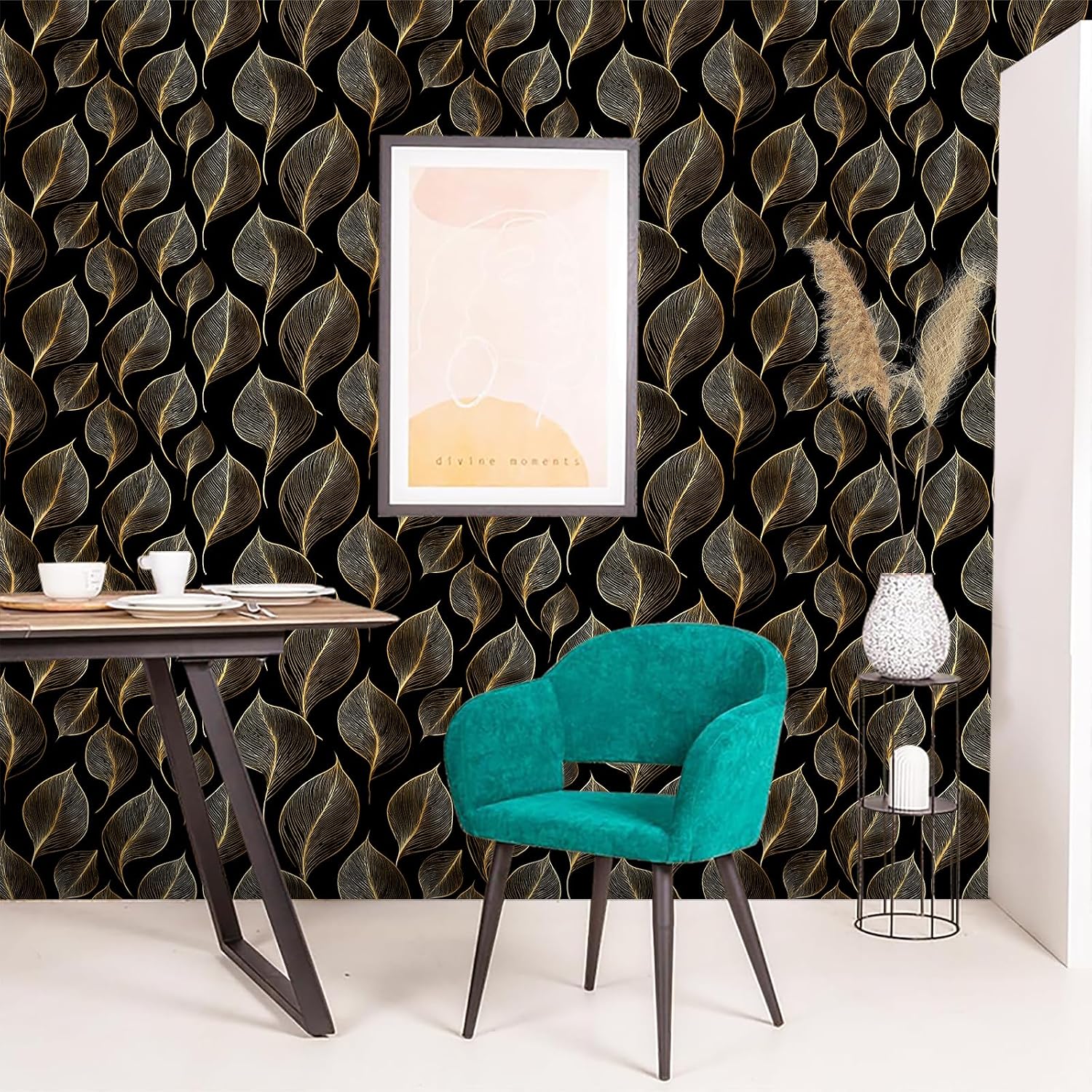 Gold Leaf Wallpaper Peel and Stick 17.7" x 118.1" Black Botanical Contact Paper Removable Self Adhesive Vinyl for Accent Wall Bedroom Living Room Glam Decor