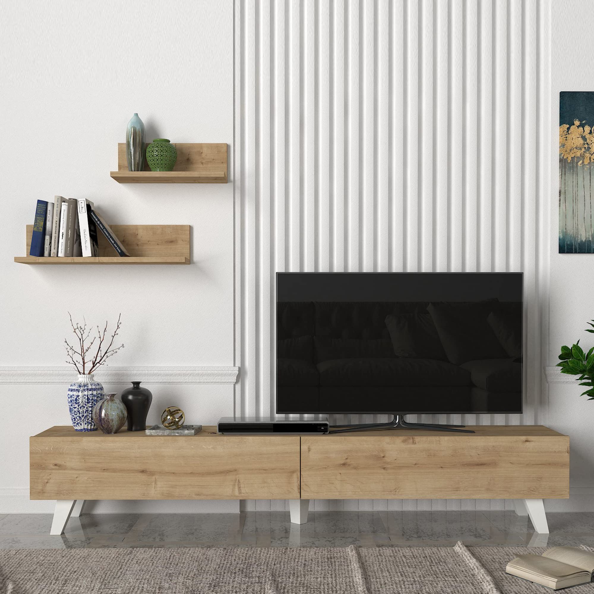 [en.casa] Juego de Mueble Salon Decorativo Mesa TV con 2 Estantes de Pared Modulos Salón Aglomerado 180 x 31 x 33 cm - Roble