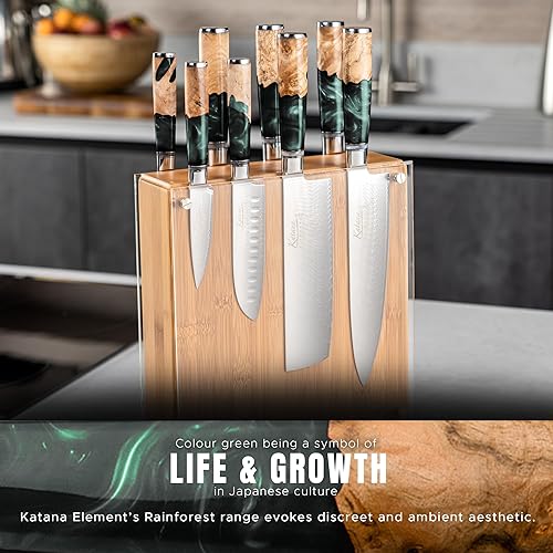 Miniatura 5 de Katana Elements - Juego de 9 cuchillos de bloque de cuchillos 8 cuchillos especiales de calidad japonesa, cuchillas de acero de damasco premium,