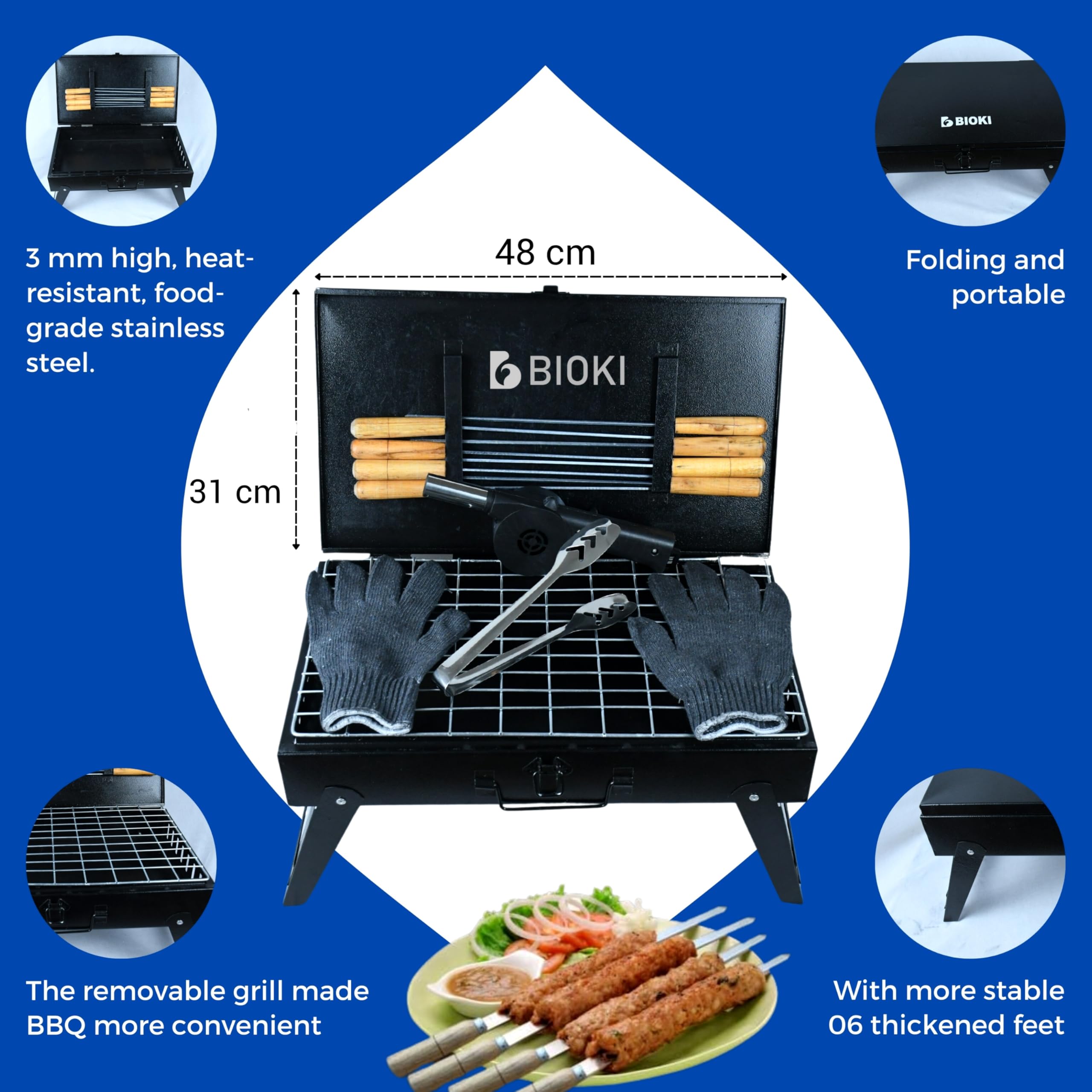 Bioki Ultimate Barbecue grill for Home | All-in-One Barbeque Grill Set & Tandoori Grill for Home - Complete Set for Perfect BBQ with Charcoal Tongs Gloves Air Blower for Perfect Outdoor cooking - Image 5 thumbnail