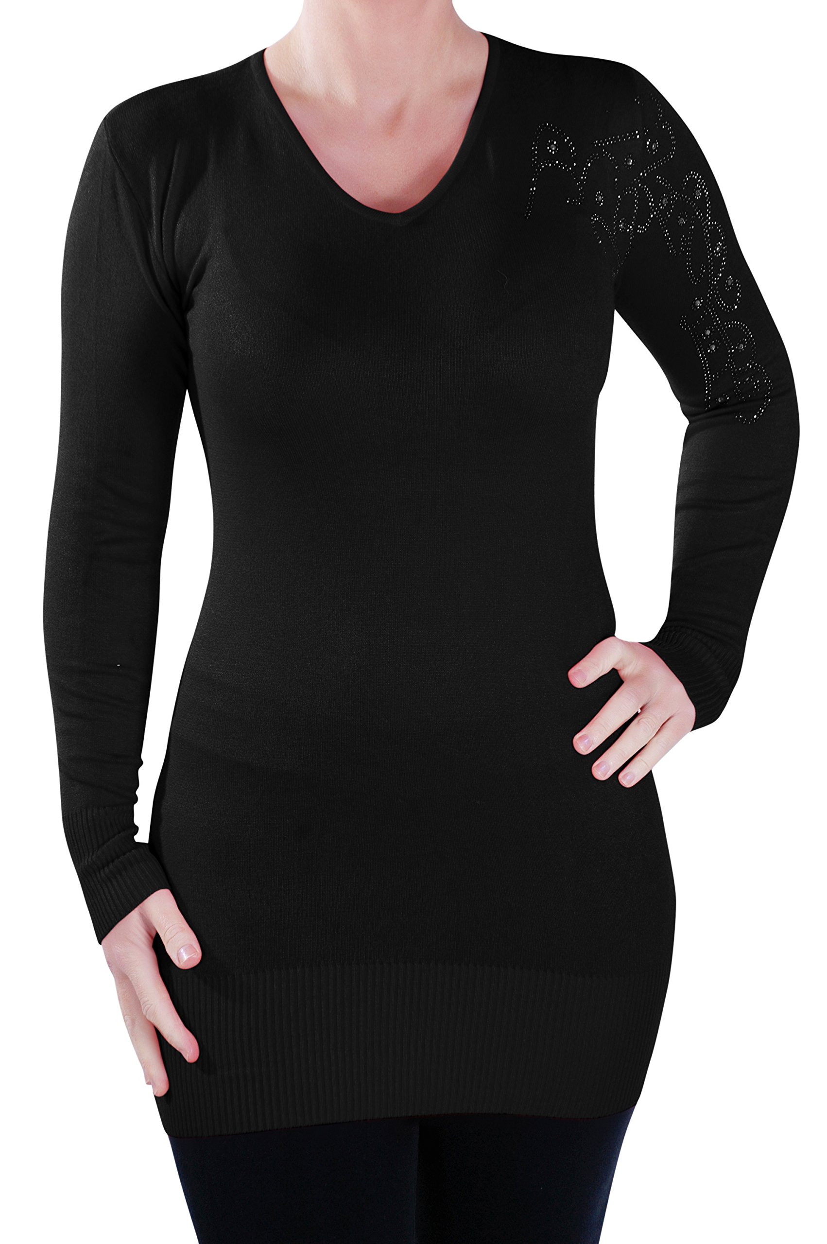 Eye Catch Womens V Neck Knitted Pullover Ladies Diamante Long Sleeve Studded Jumper One Size Black