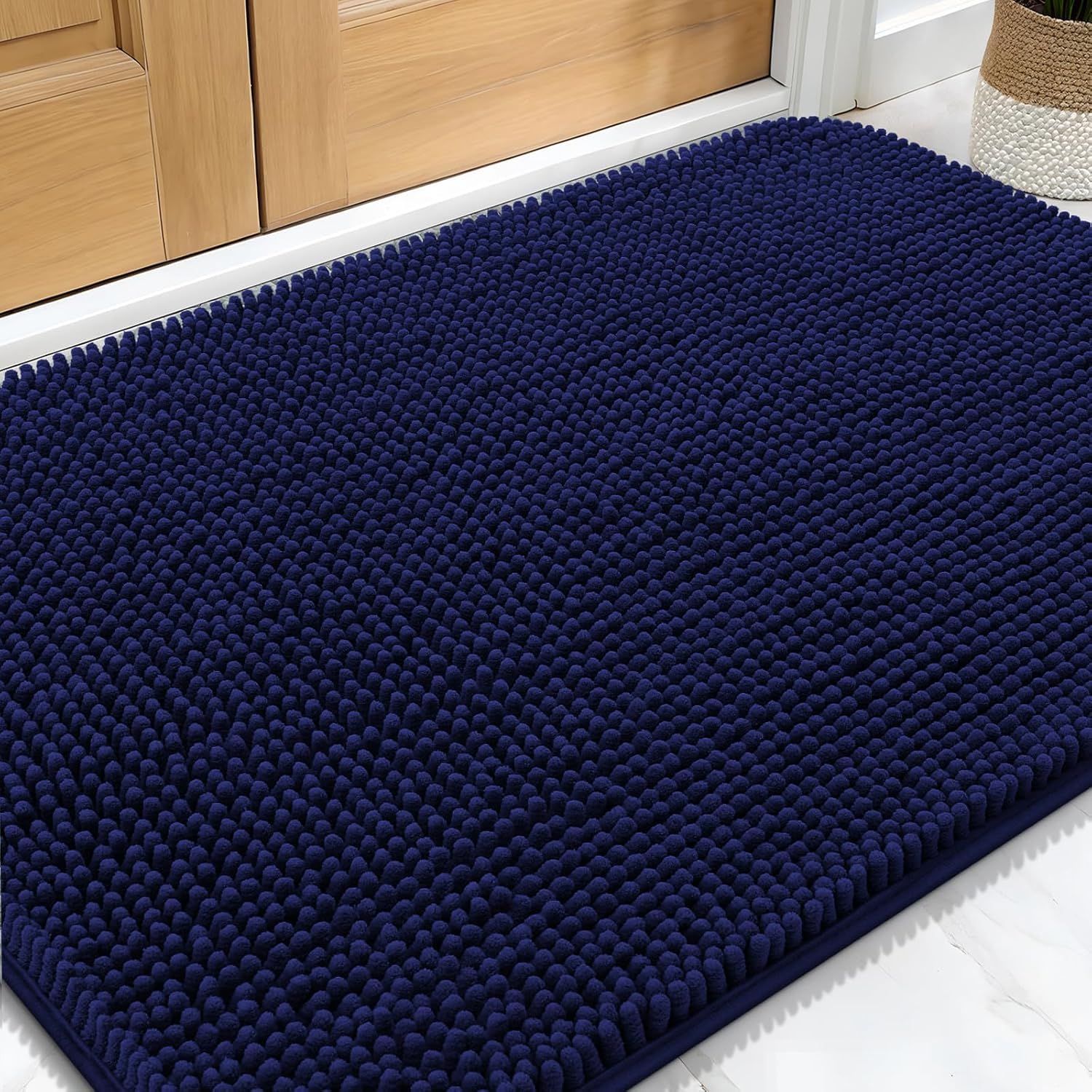 smiry Door Mat, Super Absorbent Chenille Dog Door Mat, Washable Non Slip Door Matts Indoor, Soft Microfiber Pet Rug and Bath Mat for Entrance Kitchen Muddy Shoes & Paws - Navy Blue, 43 x 76 cm