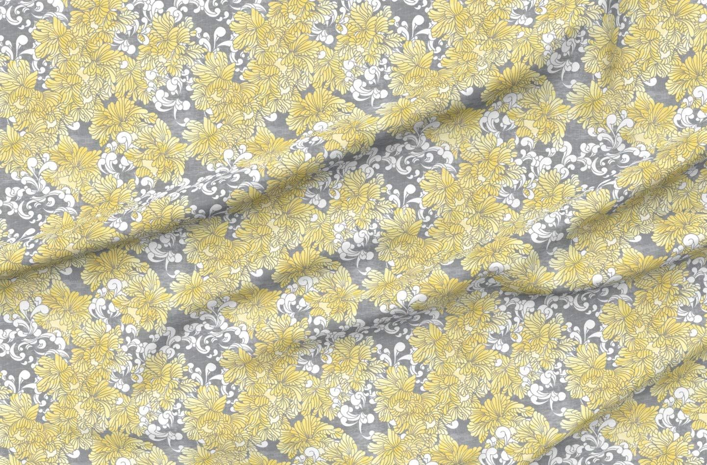 Spoonflower Fabric - Peony Watercolor Flowers Gray Yellow Nature Spring Printed on Organic Cotton Sateen Fabric by The Yard - Sewing Quilting Apparel Home Decor