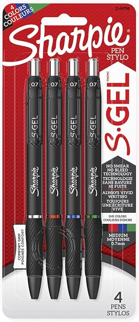Sharpie S-Gel, Stylos à gel, point moyen (0.7 mm), Couleurs assorties, 4 Nombre