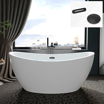 FerdY Naha 59" Acrylic Freestanding Bathtub, Curve Edge Freestanding Soaking Bathtub, Glossy White, cUPC Certified, Matte Black Drain & Matte Black Overflow Included
