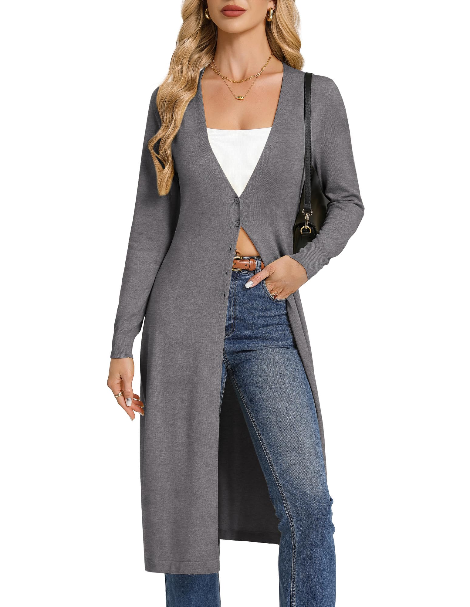 GRACE KARIN Damen Leichtes Lang Strickjacke Langarm Cardigan Mit Elegant V-Ausschnitt Und Knöpfen