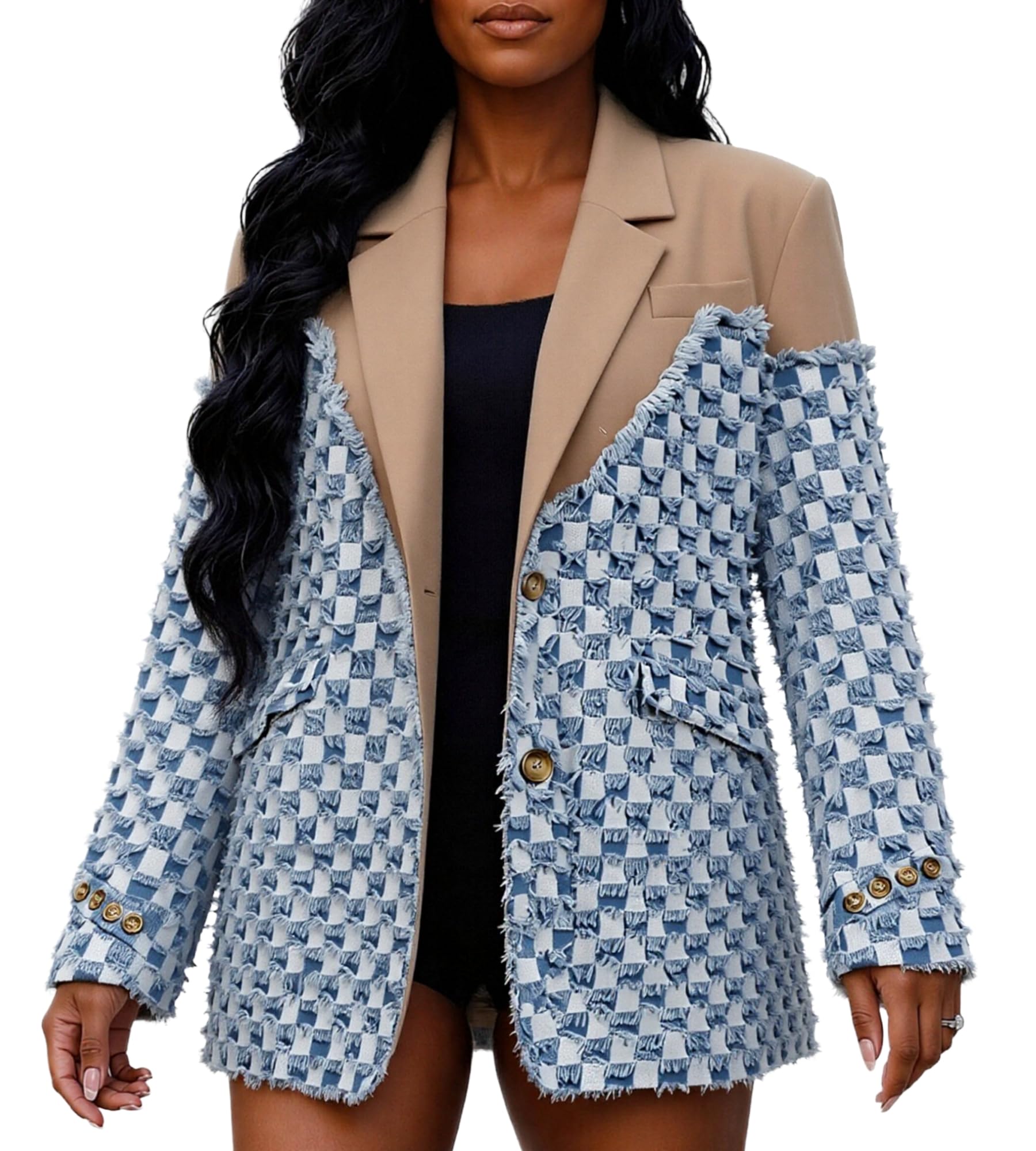 Women's Denim Patchwork Blazer Oversized Plaid Suit Jacket for Casual Fall Outfits-image-11