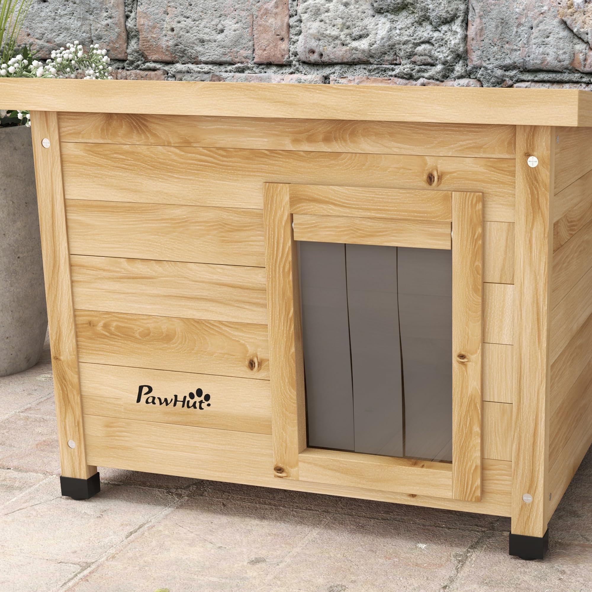 PawHut Maison pour Chats Niche d'extérieur en Bois surélevée avec Toit Asphalte, Porte avec Rideau, fenêtre, 57 x 45 x 43 cm Jaune