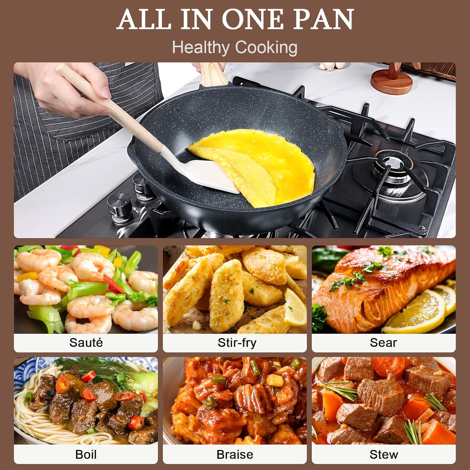 GiPP Ceramic Nonstick Deep Frying Pan Skillet, 12" Saute Pan with Lid, Induction Cookware Non Stick Cooking Pan, PTFE PFOA PFOS APEO Free, Grey