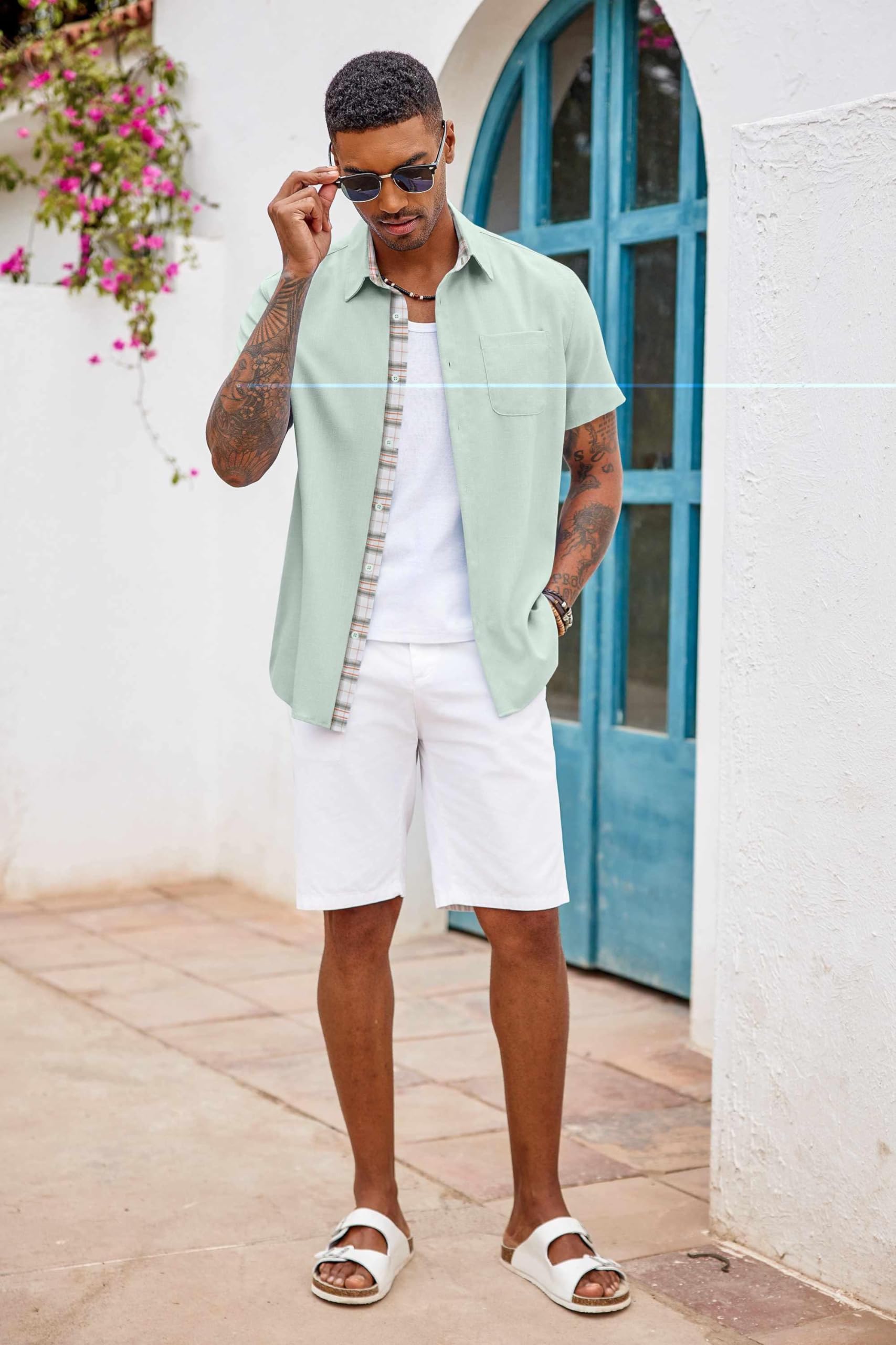 COOFANDY Camicie da uomo con bottoni, a maniche corte, casual, estive, da spiaggia, vacanze, matrimoni, con tasca