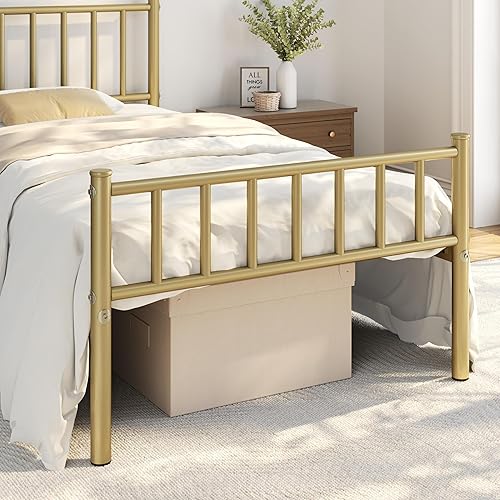Miniatura 4 de Yaheetech Base de cama tamaño individual con plataforma de metal, base de colchón con cabecero y estribo, no necesita somier, almacenamiento debajo