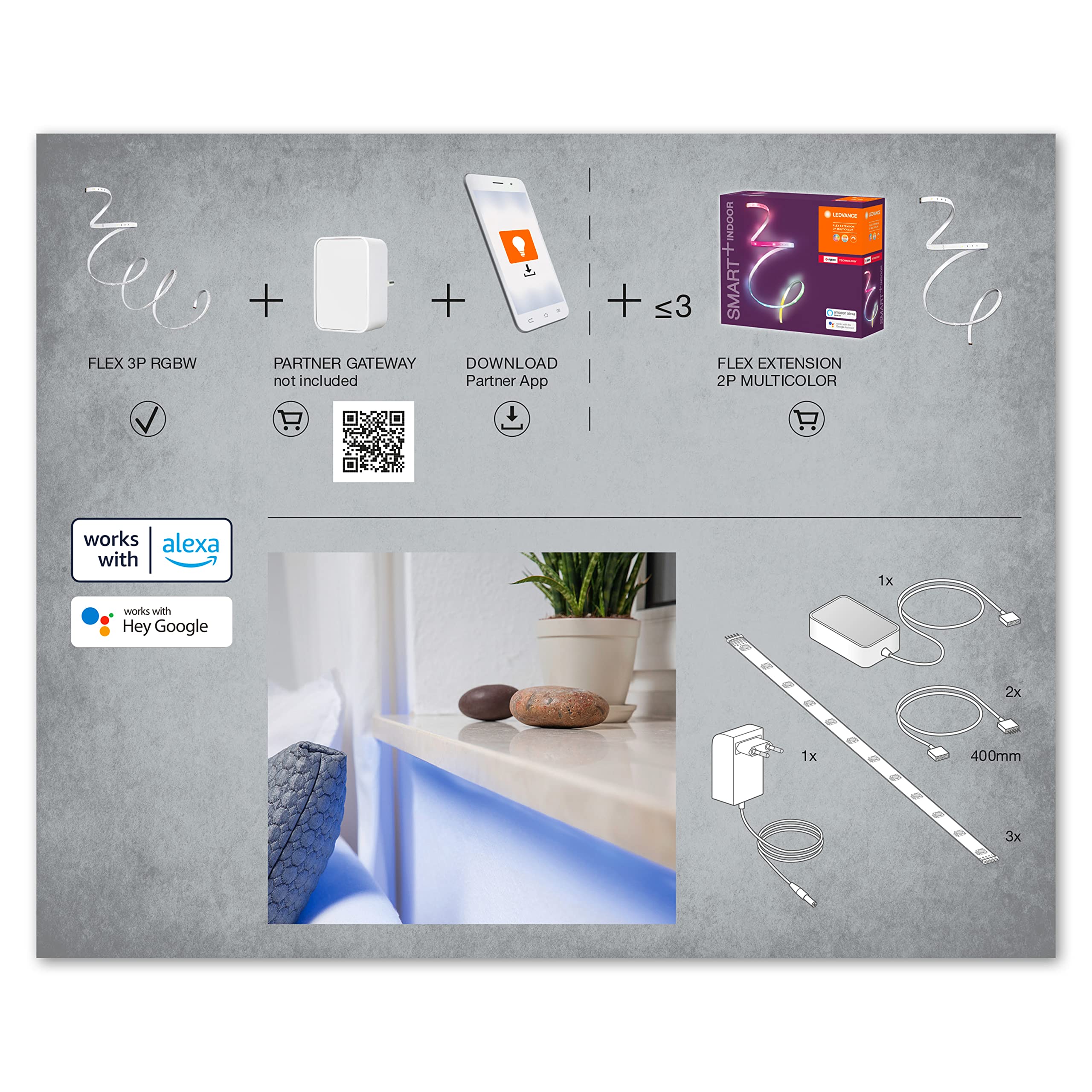 LEDVANCE Strisce LED flessibili per interni con tecnologia Zigbee, 11Watt, 700lumen, luce bianca e colorata regolabile, durata fino a 20000h, controllabile tramite app, 2000K, protezione IP20