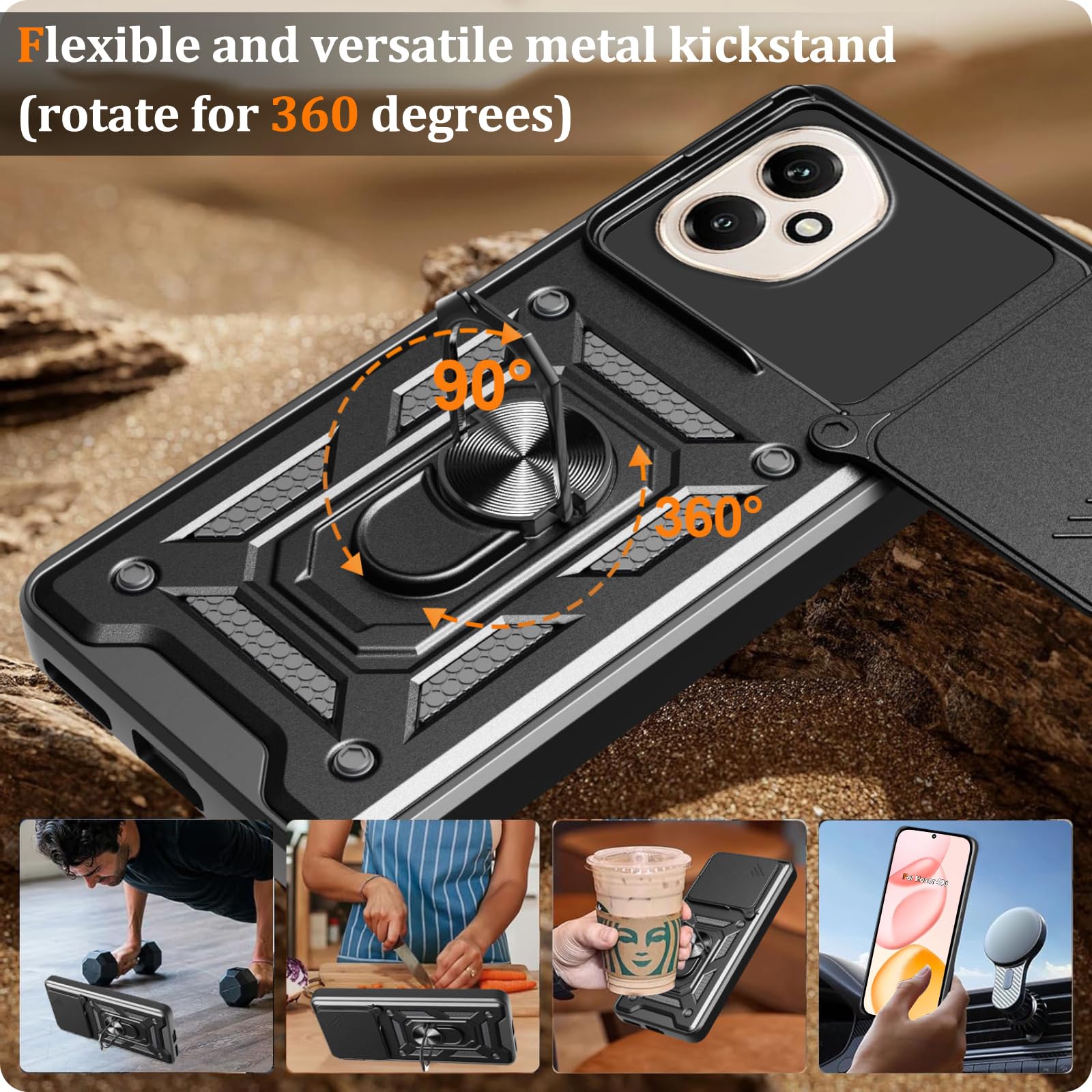 Cover Per Honor 400 Lite 6.7" Con Protezione Fotocamera Scorrevole E Supporto Ad Anello Rotante 360° - Custodia Rigida PC + TPU Antiurto, Antigraffio - Nero - 4