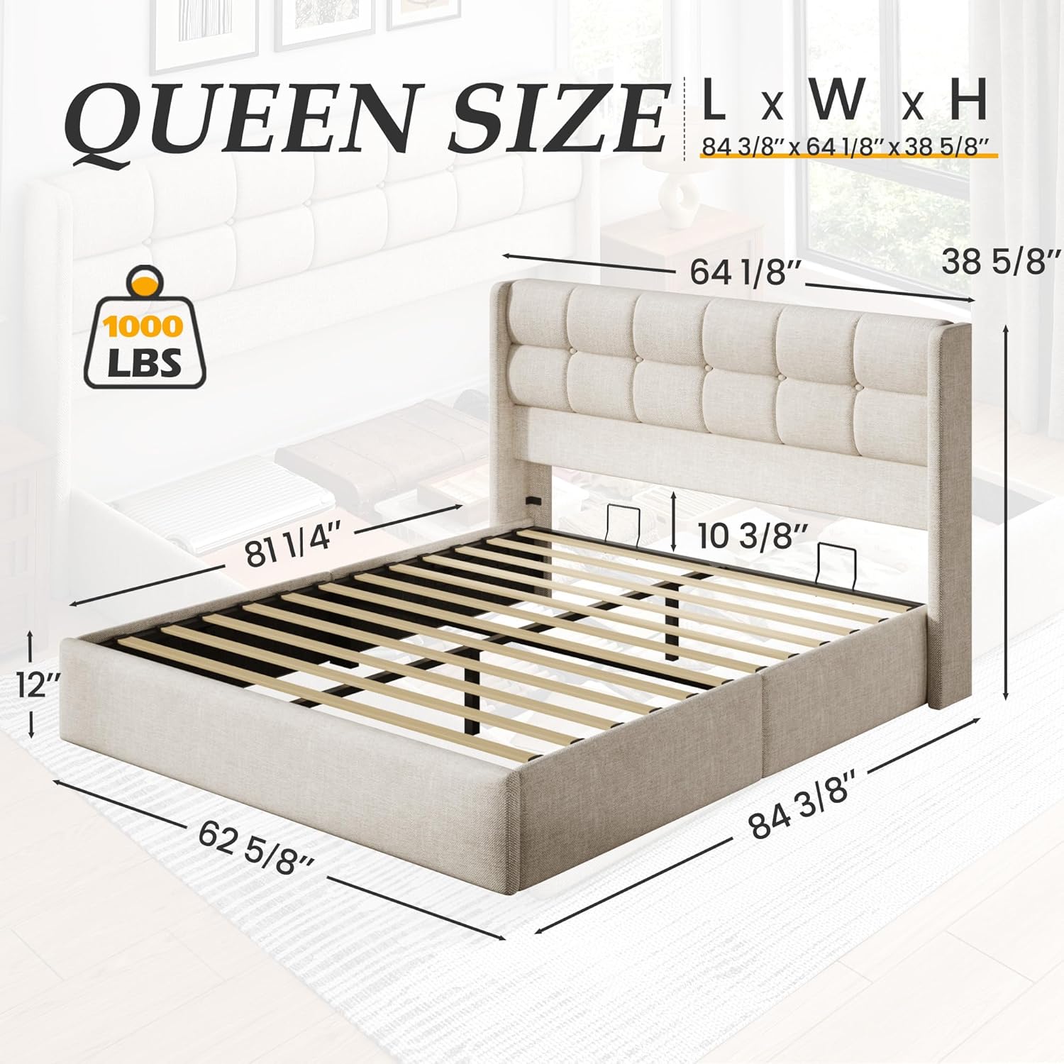 Lifezone Queen Size Lift Up Storage Bed Frame, Linen Upholstered Queen Platform with Button Tufted Wingback Headboard and Under-Bed Storage, Hydraulic Support, No Box Spring Needed, Noise Free, Beige Beige Queen