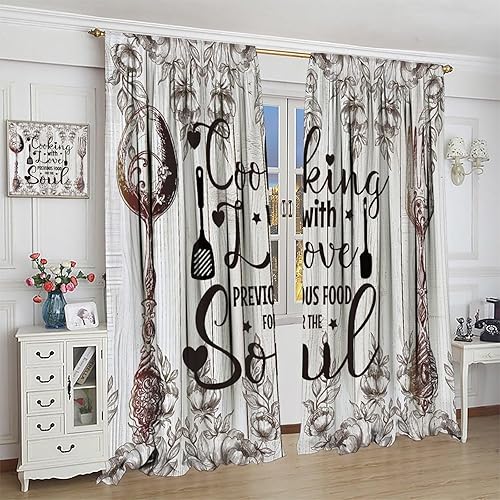 Miniatura 7 de Cortinas rústicas de cocina, cuchara, tenedor, tablón, patrón retro, floral, para cocina, tratamiento de ventanas para sala de estar, cafetería, 42