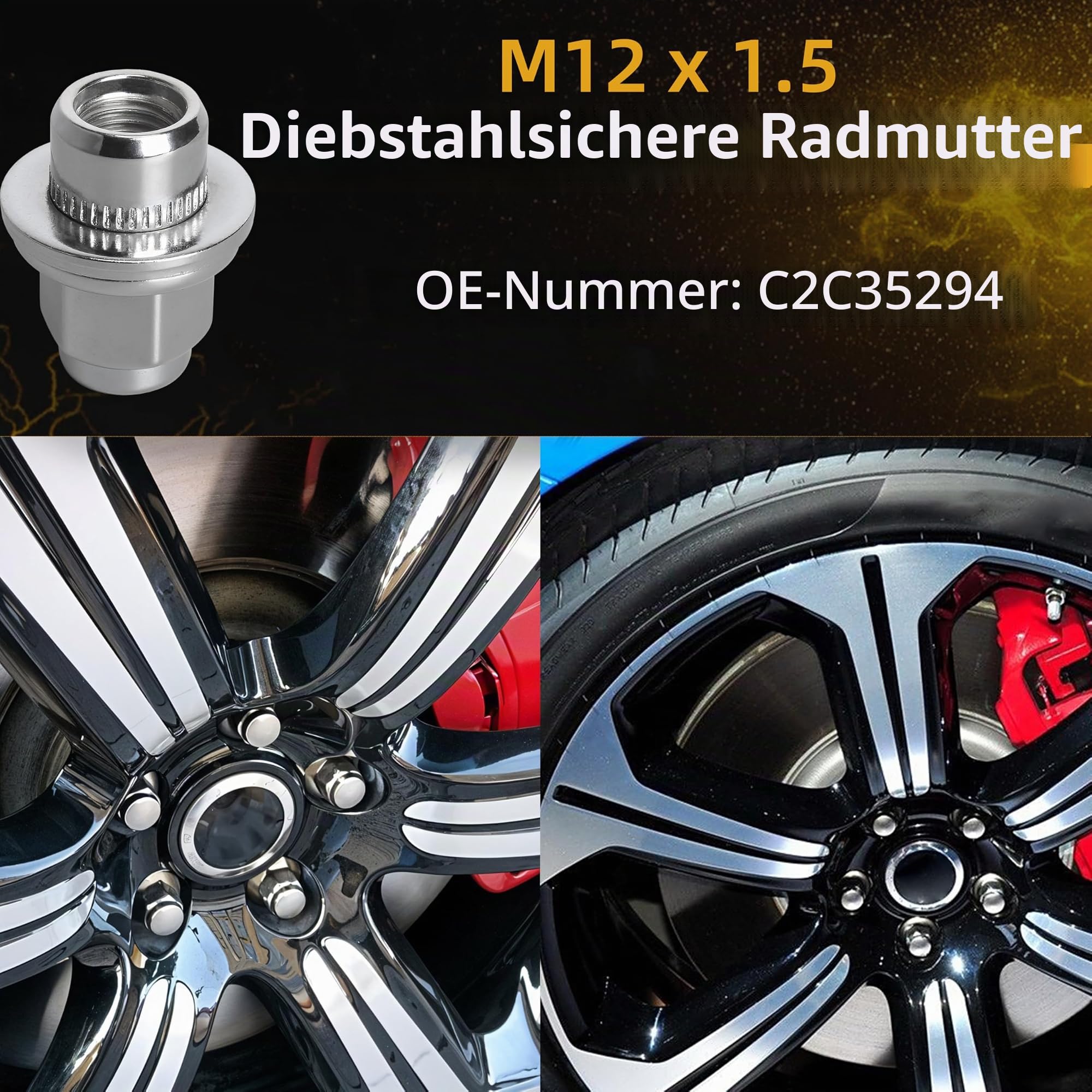 Radmuttern aus Karbonstahl, für Jaguar F-Type, S-Type, X-Type, XF-Serie, XJ X350/X351/X358, XK/XKR Serie, M12 x 1,5, Radmuttern, 20 Stück