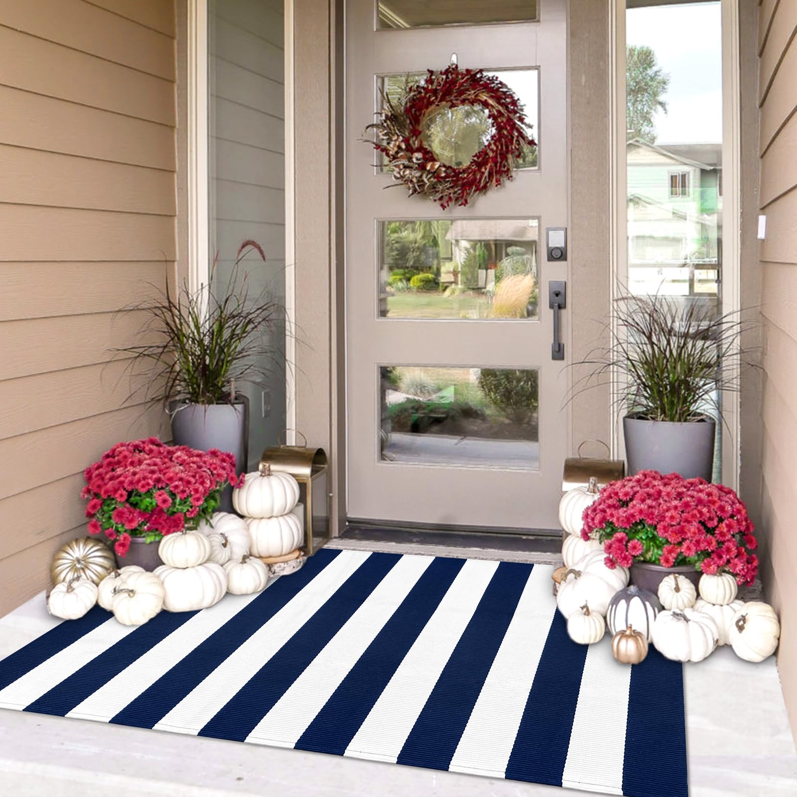 IOHOUZE Navy White Striped Rug -27.5" X 43" Front Door Mats Outdoor,Washable Rug for Front Porch Decor,Spring Summer Welcome Mats Outdoor Indoor,