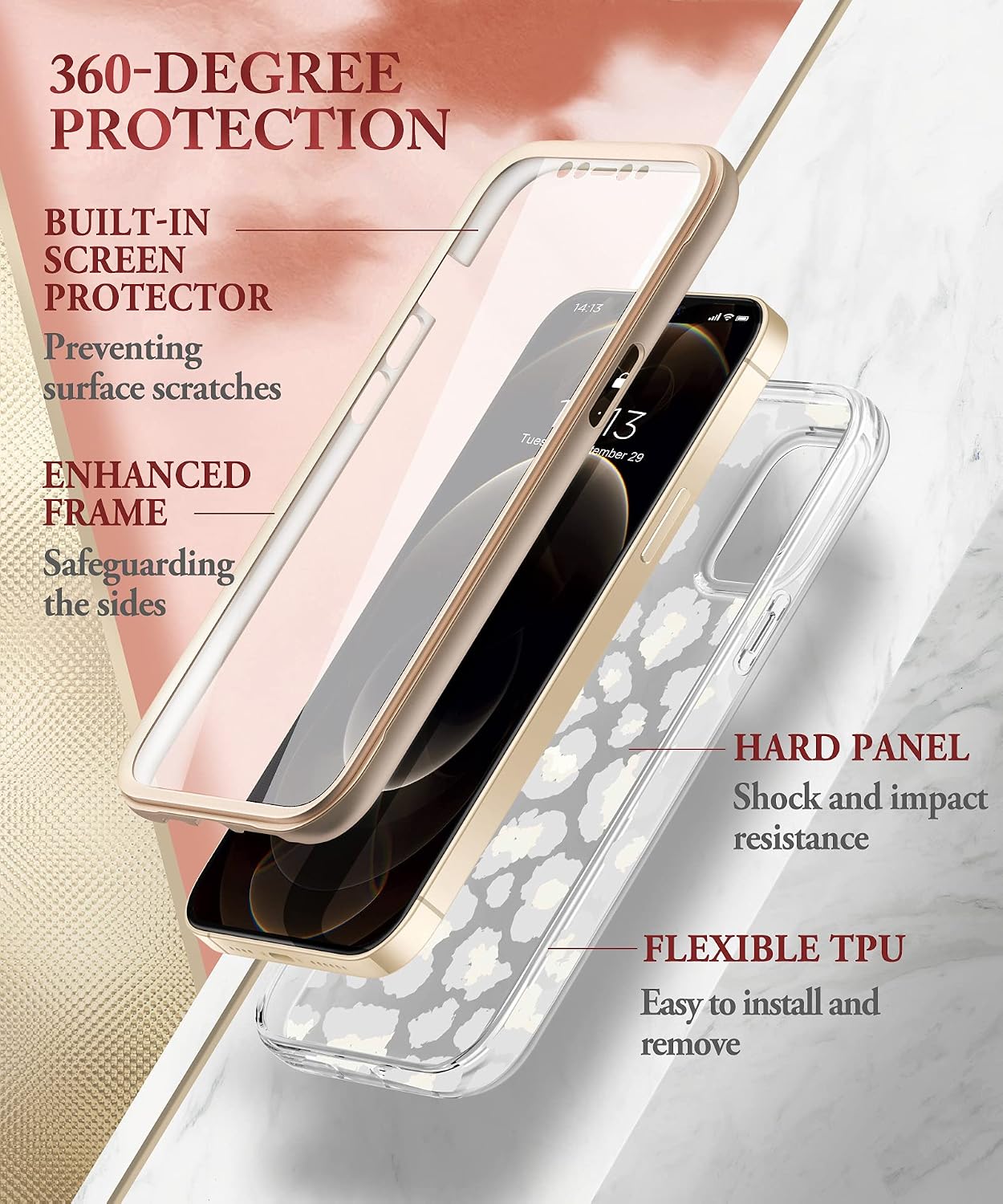 GVIEWIN Compatible with iPhone 12 Pro Max Case 6.7 inch 2020, [Built-in Screen Protector] Clear Multi-Element Painting Pattern Full-Body Shockproof Protective Women Phone Cover (Leopard Spots)