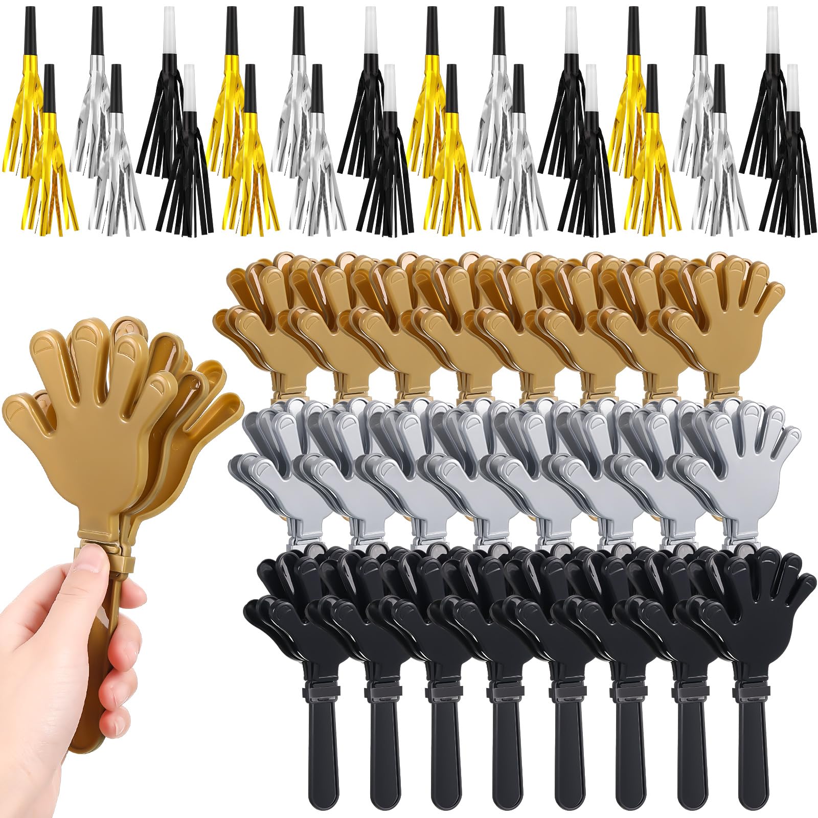 Hollowfly 48 Pack Party Noisemakers Include 24 7.5 Inch Large Hand Clappers 24 Party Blowers Whistle for Sporting Events Birthday Christmas 2025 New Years Eve Party Favor Supplies (Multiple Colors)