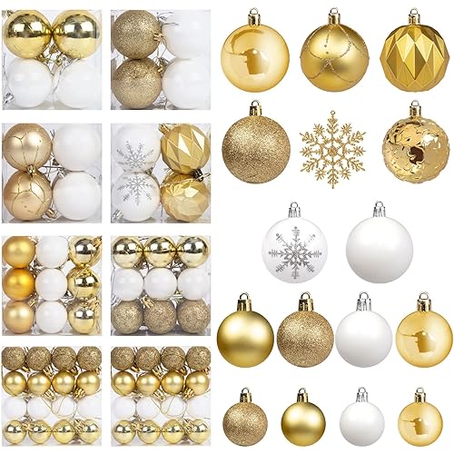 DomeStar 112PCS Christmas Tree Ball Set, Christmas Ball Ornaments Glitter Shatterproof Baubles Gold White for Xmas Tree Wreath Party Wedding Decorations