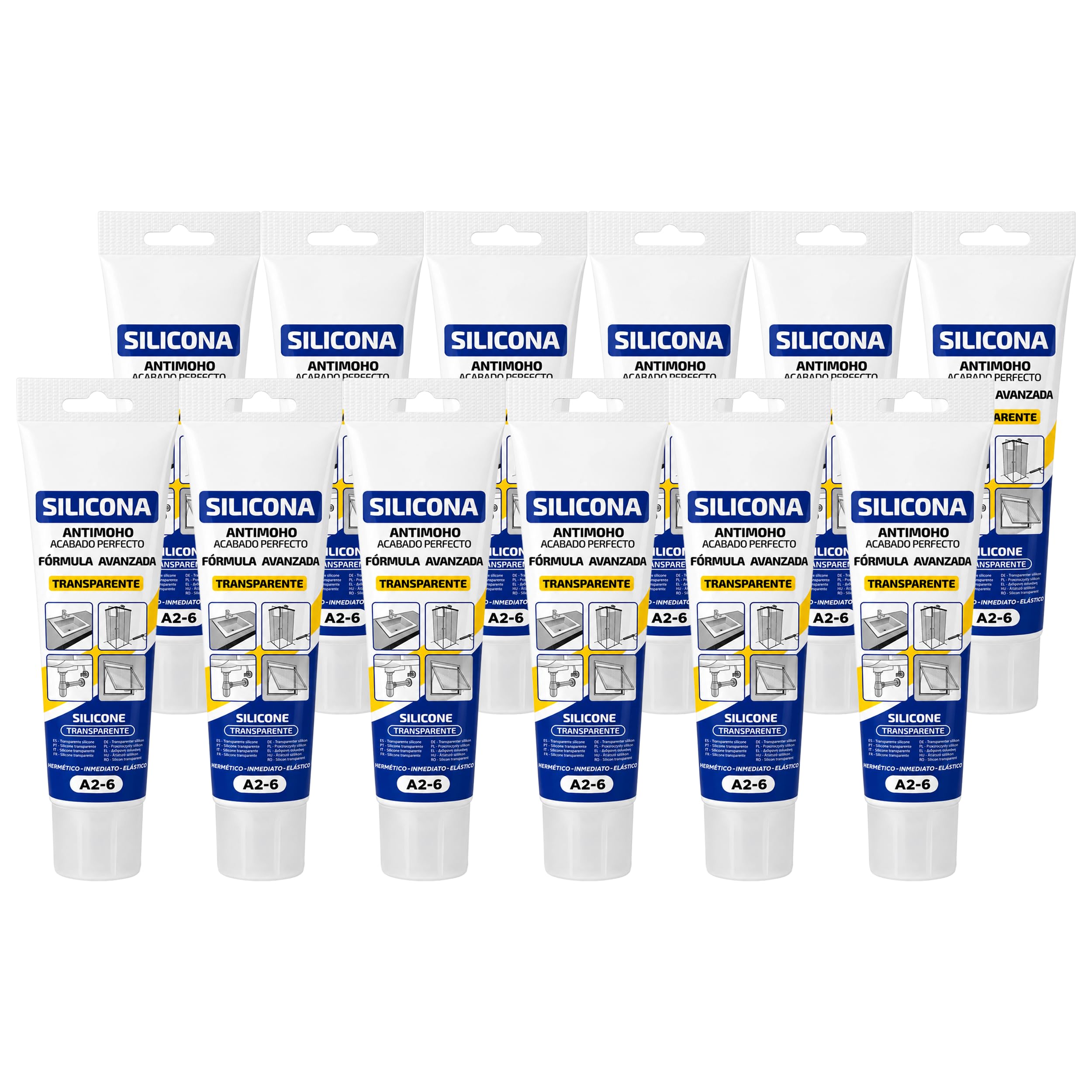 Silicona antimoho transparente 125 ml, pack de 12, baño y cocina