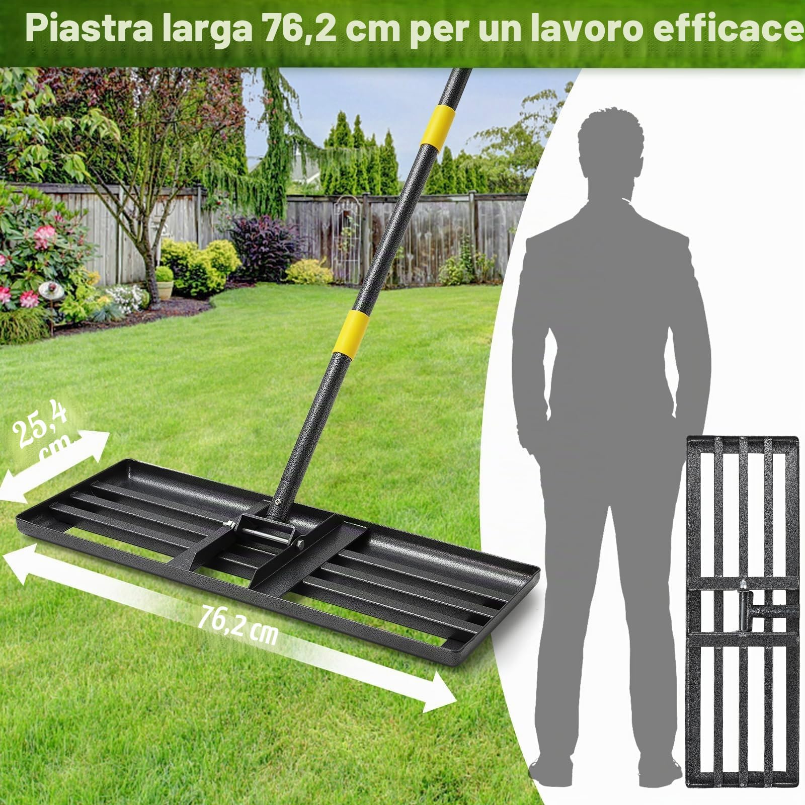 Rastrello Raschietto per prato, in acciaio inox, da 157 cm, per livellare erba di campi da golf, erba di giardini, prati, cortili interni (76 x 25 cm)
