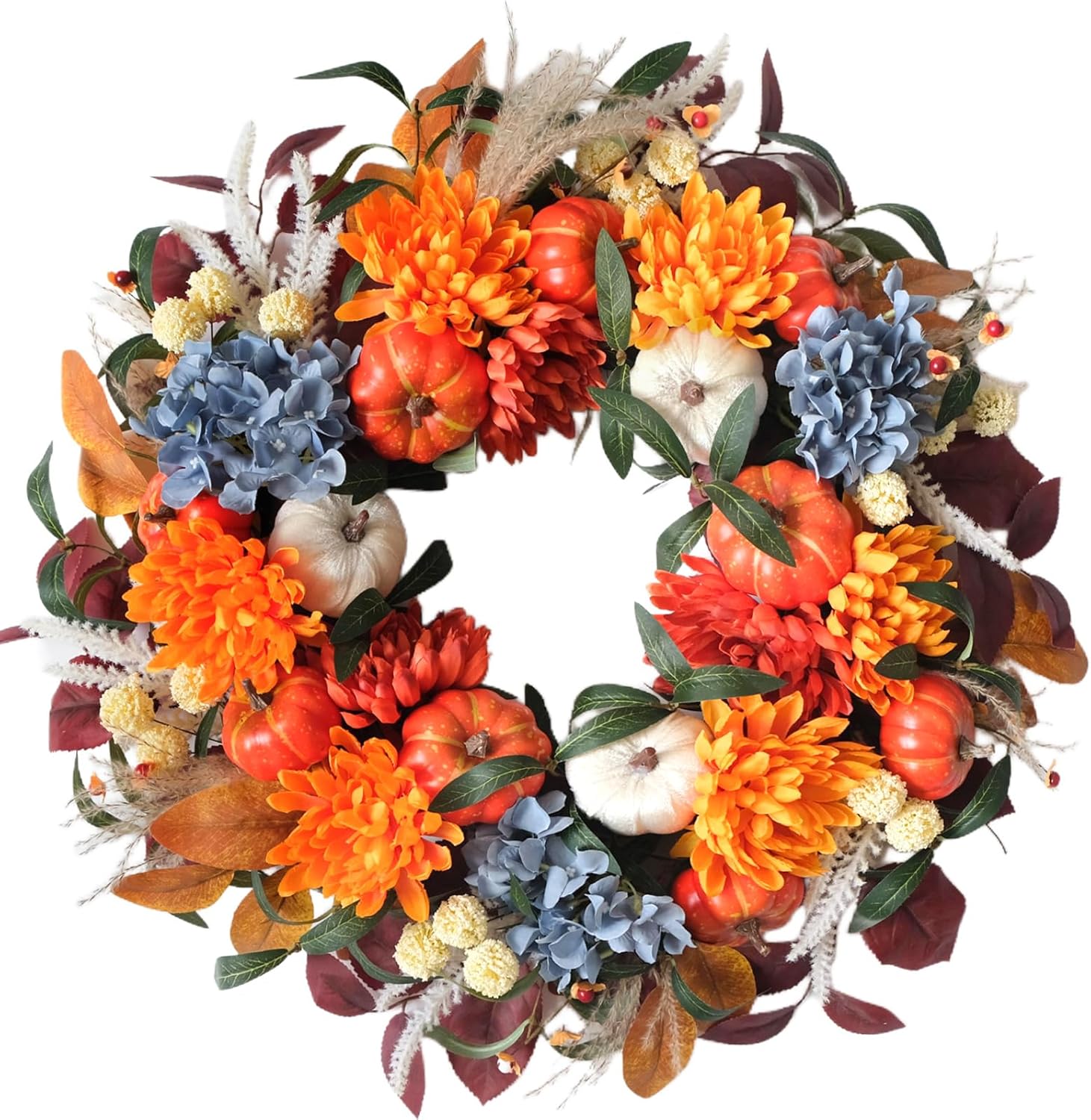 Fall Wreaths with Blue: A lively wreath with orange dahlias, blue hydrangeas, white pumpkins, and rustic leaves for a festive and modern doorway touch.
