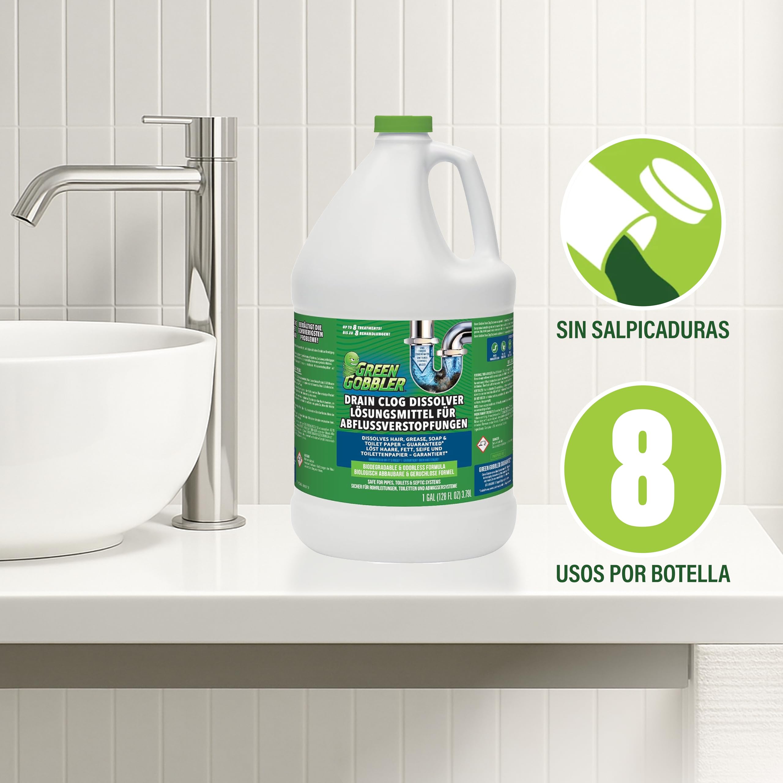 Green Gobbler - Desatascador de Tuberías - Disuelve Pelo y Materiales Orgánicos en Inodoros, Lavabos y Desagües - 3.8 L