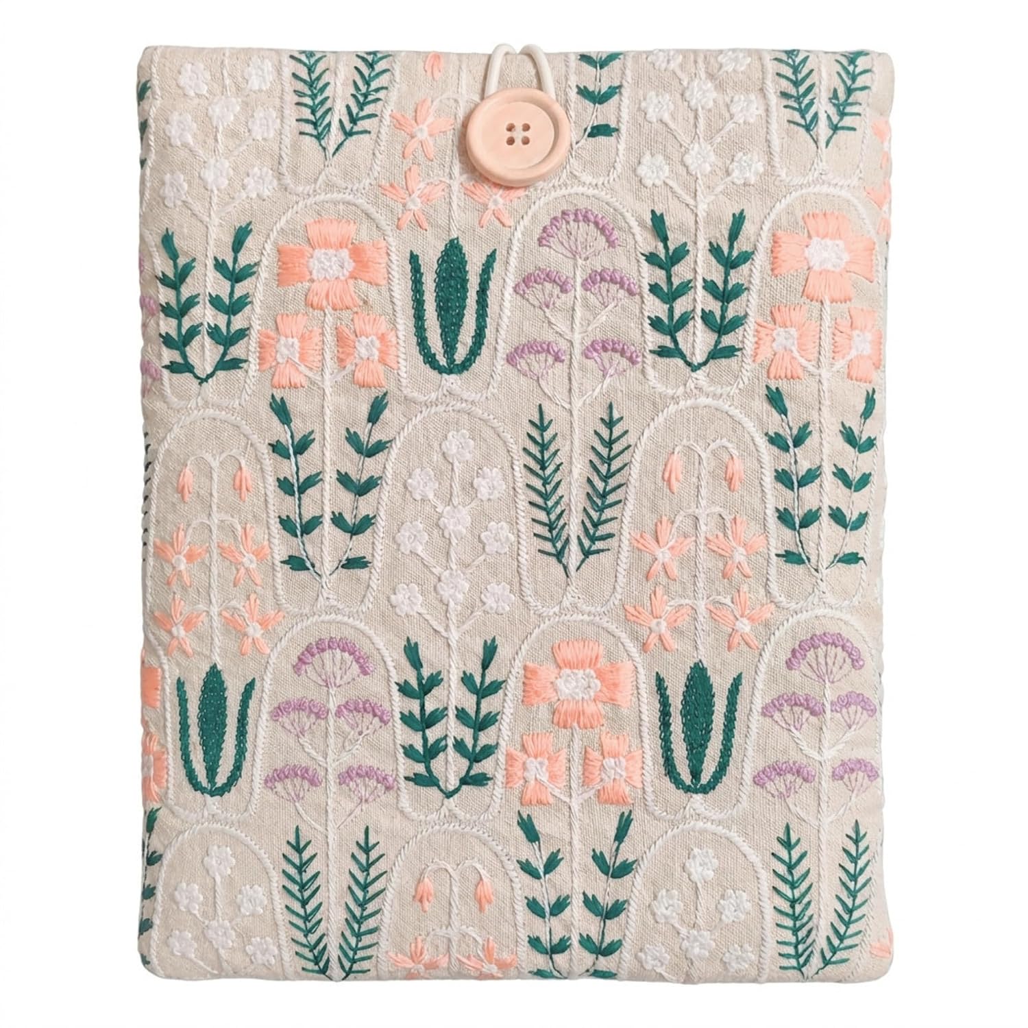 Floral Embroidered Canvas Book Sleeve - Elegant Book Cover, Padded Protector for Paperbacks & Hardcovers, Ideal for Book Lovers, Wooden Button (Garden)