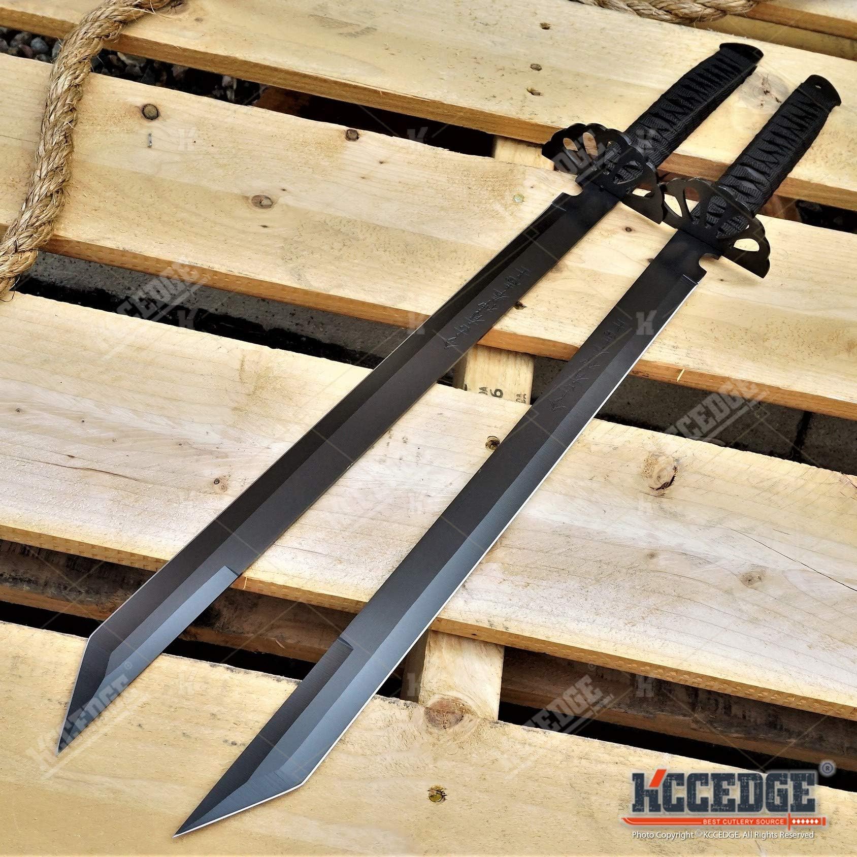 KCCEDGE 6 Colors to Choose 26" 2PC Dual Ninja Sword Ninja Tanto Blade Full Tang Tactical Outdoor Camping Hunting Gear Fixed Blade Knives (Black)