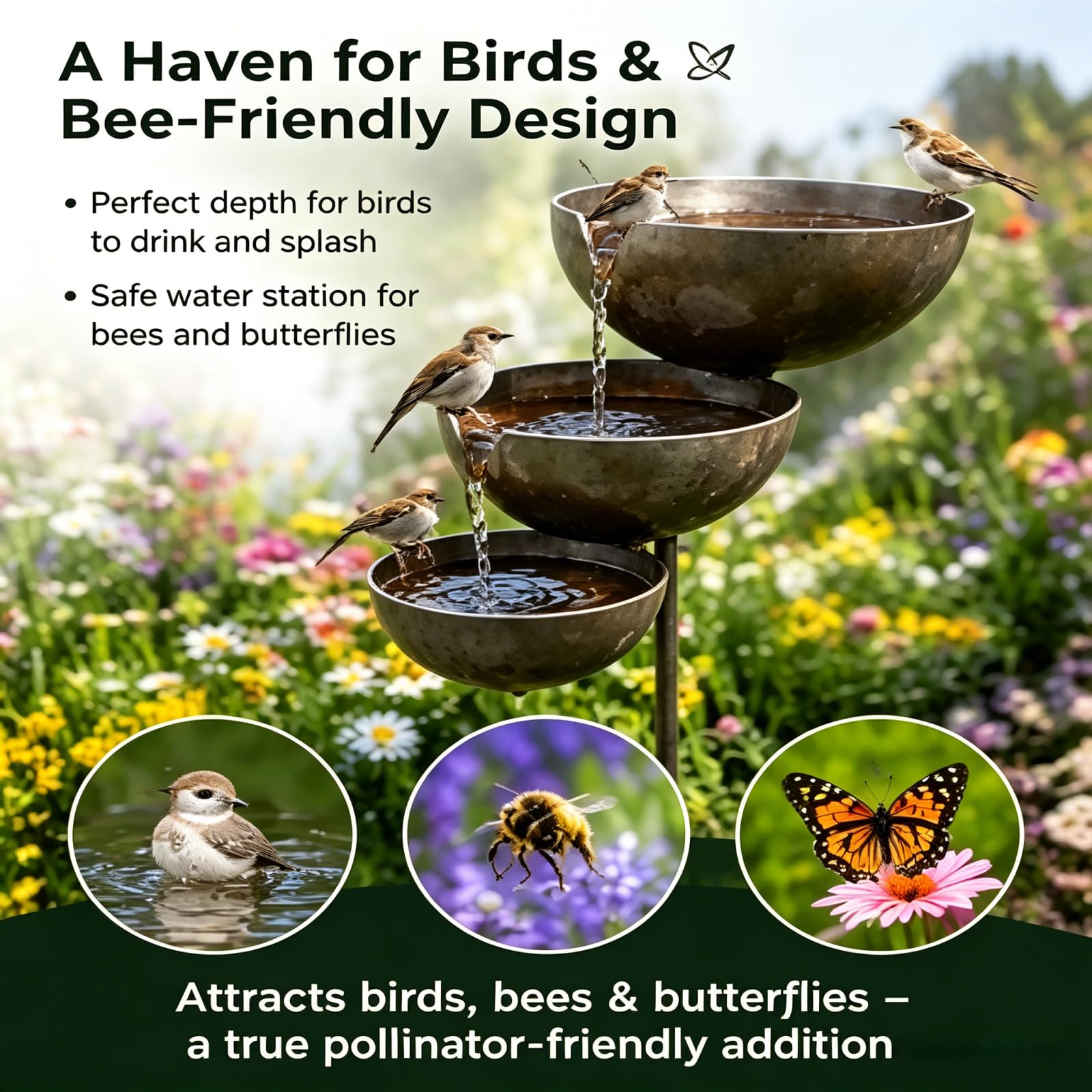 Bring Life Back To Your Garden – Rain Catcher Bird Bath,2026 Metal 3 Tier Birds Bath,Rain Catcher Garden Stake Birds Baths,Antique Bronze Outdoor Rainwater Collector for Birds Bees Hummingbirds，A：2PCS