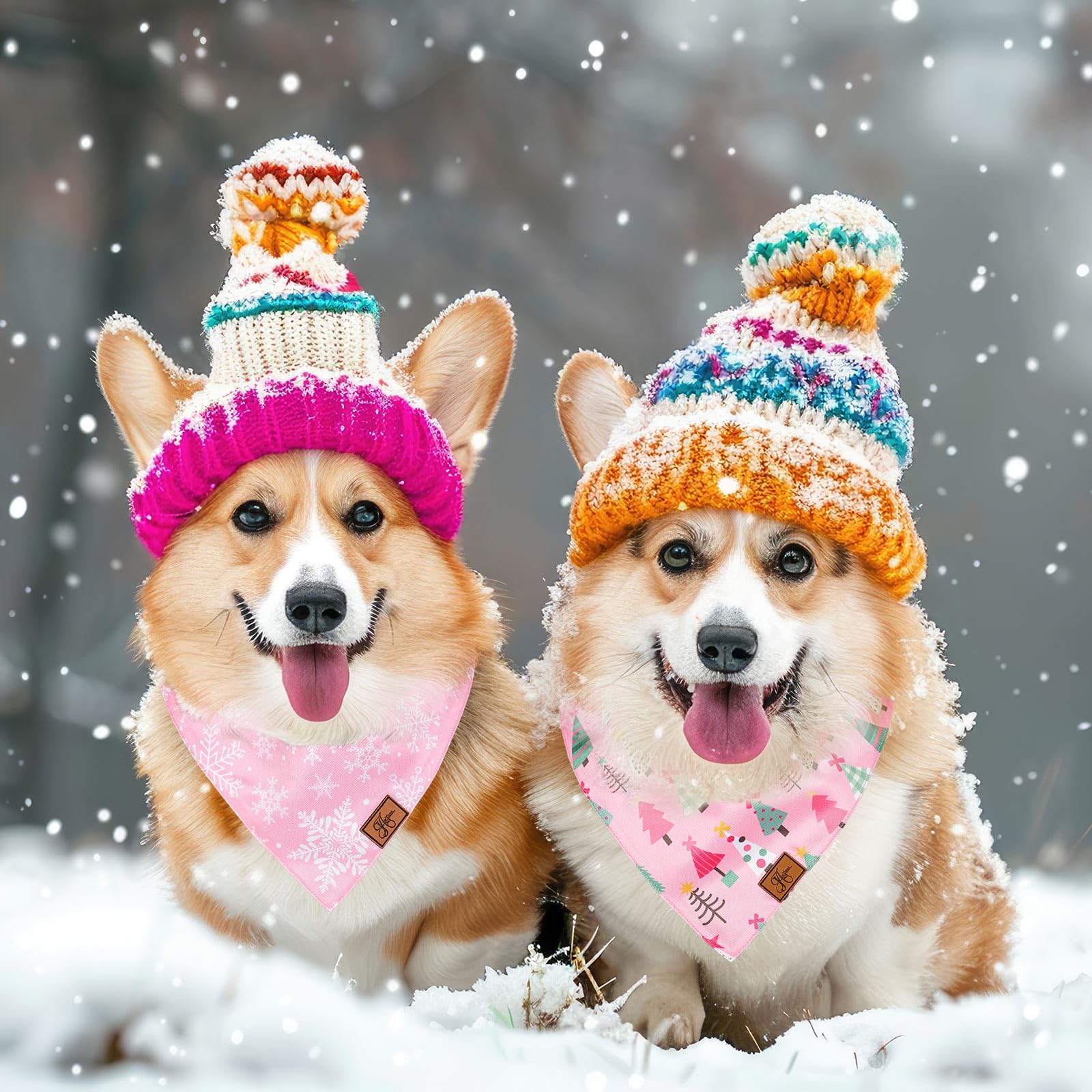 JarThenaAMCS Hundehalstuch, niedlicher Weihnachtsbaum, Schneeflocken-Druck, Stoff, mittlere Größen, verstellbar, Haustier-Halstuch, Hunde-Lätzchen für Kostüm-Zubehör, 2 Stück