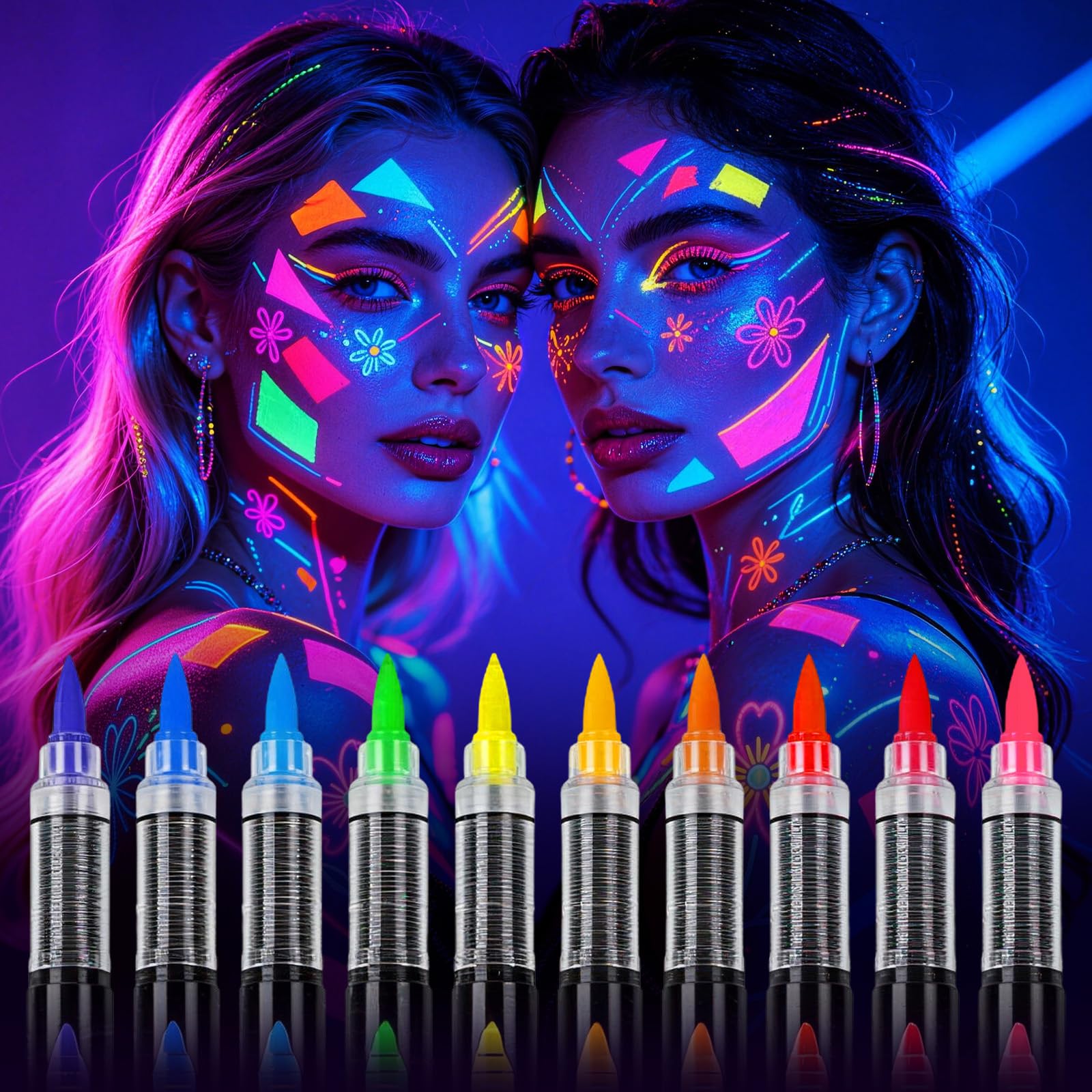 Photo 1 of 10 Colors UV Reactive Body Paint Markers, Neon Face & Body Paint Pens, Glows Under UV Light, Fluorescent Body Art Markers for Halloween, Cosplay, Parties, Washable Paint Kit