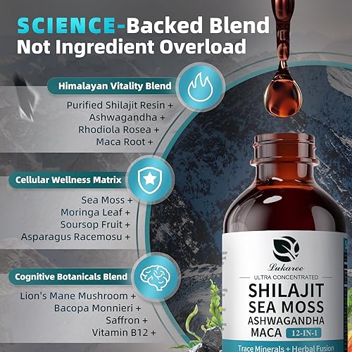 Miniatura 3 de Shilajit - Gotas líquidas, complejo 12 en 1, musgo marino, ashwagandha, maca, ácido fúlvico, minerales traza, suplemento de vitaminas líquidas para