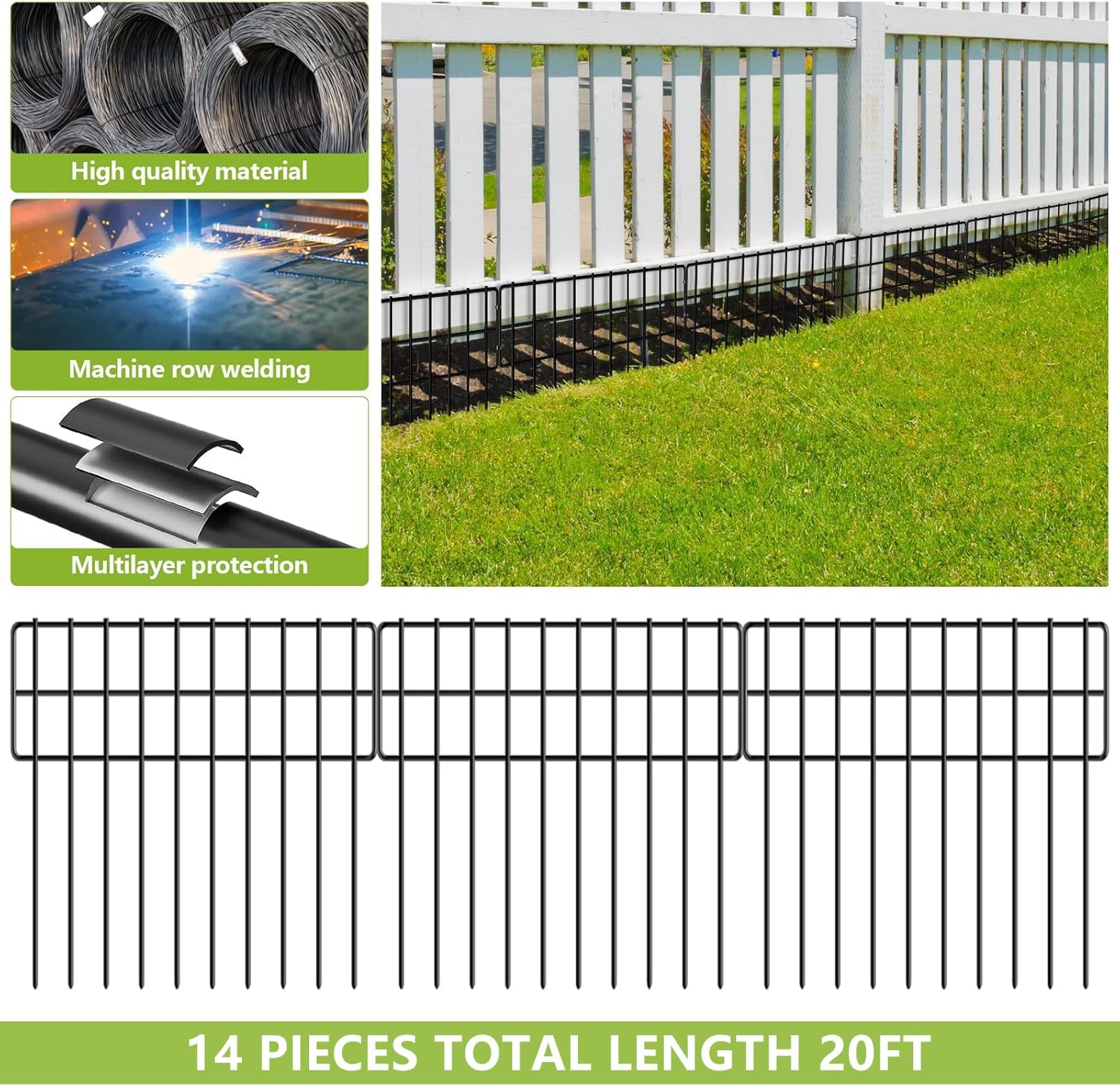 20ft(L) X 13in(H) No Dig Fence, 14 Pack Garden Fence Panels, Rustproof Metal Wire Animal Barrier Fence for Dogs, Rabbits & Squirrels, Easy Setup Outdoor Yard & Patio Defense