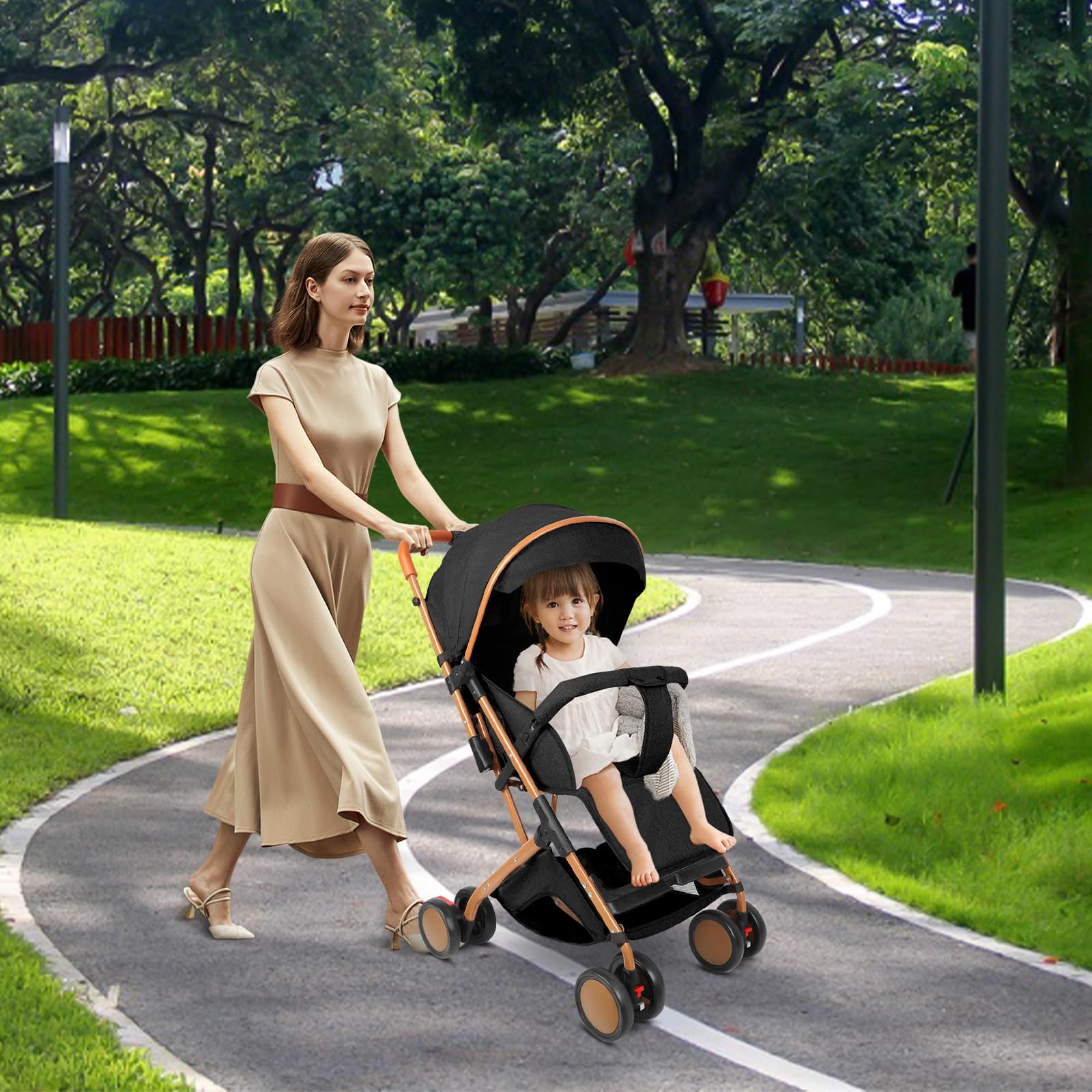 Cochecito ultra compacto a 0 a 6 años, cochecito de viaje con arnés de seguridad de 5 puntos, almacenamiento de una sola pieza, con bolsillos y parasol (negro)