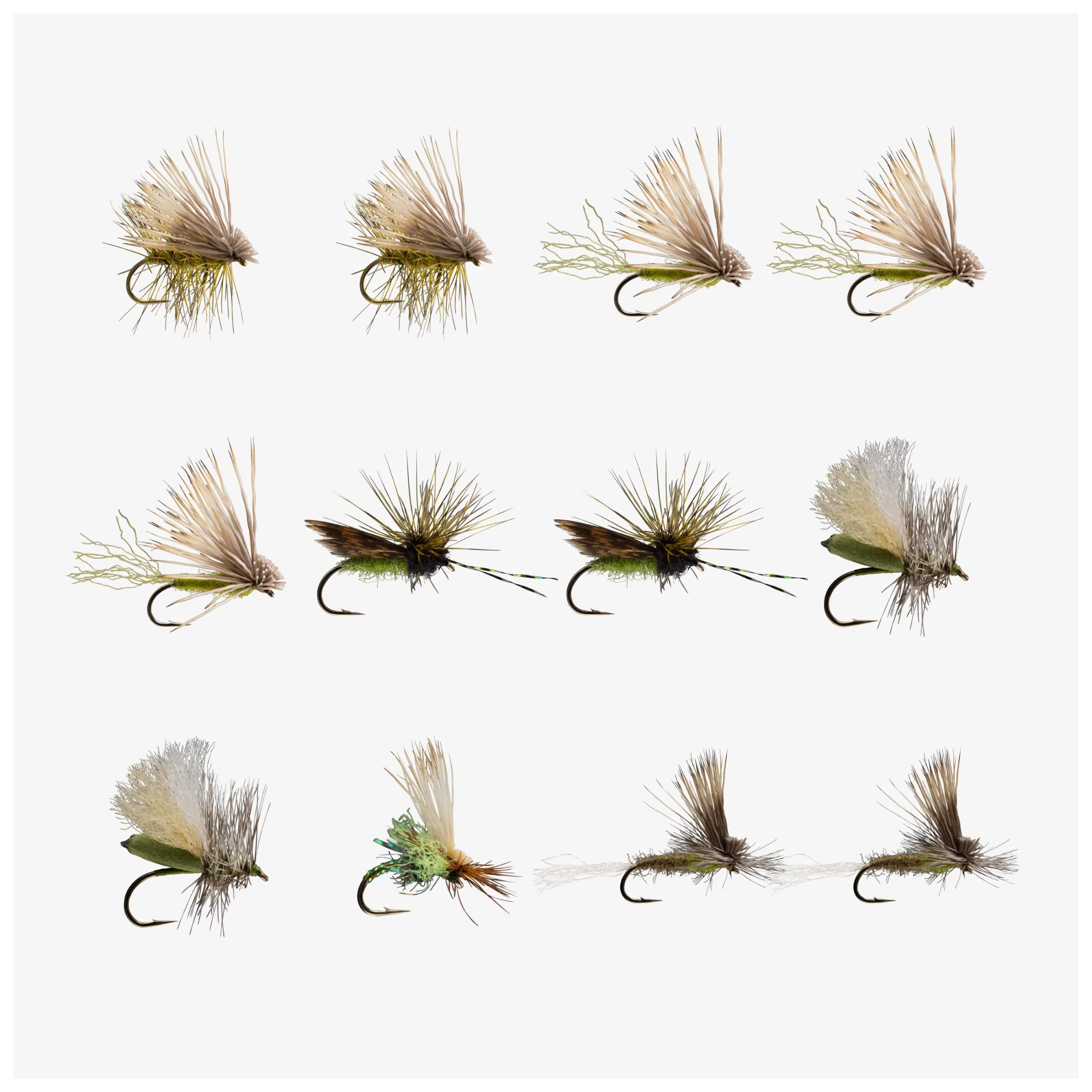 RIO Products Fly Fishing Flies Kit Assortment for Freshwater Fishing, Signature Flies for Trout, Bass, and Salmon, 7/11/12/13/15/20pcs (Olive Caddis Dry (12pc))