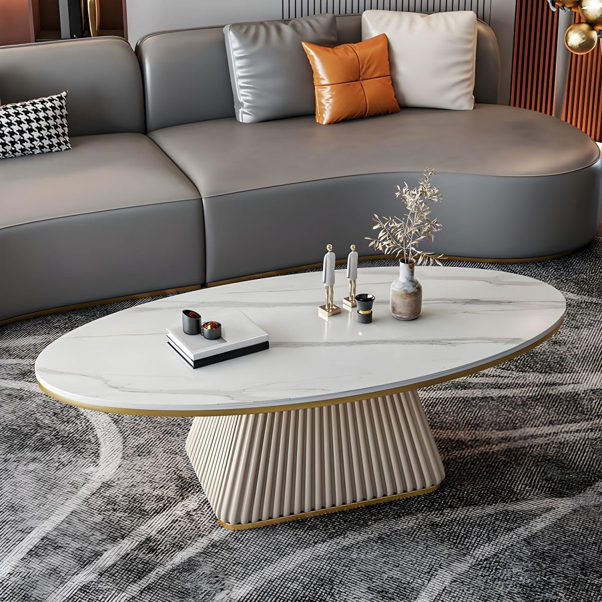 RUNNUP Oval Stone Coffee Table Modern Side End Table for Coffee Dinning Living Room Kitchen, Small Stand Contemporary Design Home Furniture Marble