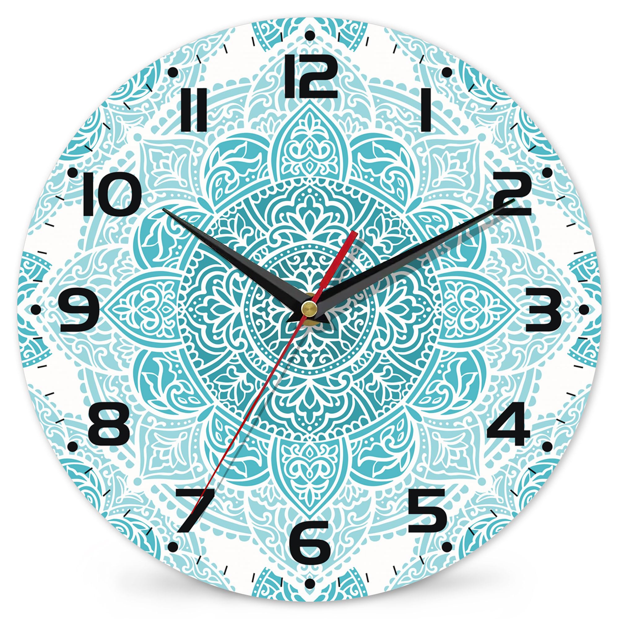 Teal Mandala Flower Wall Clock, Silent Non-Ticking, Battery Operated, Wooden Decorative Round Clock with Arabic Numerals, 10 Inch