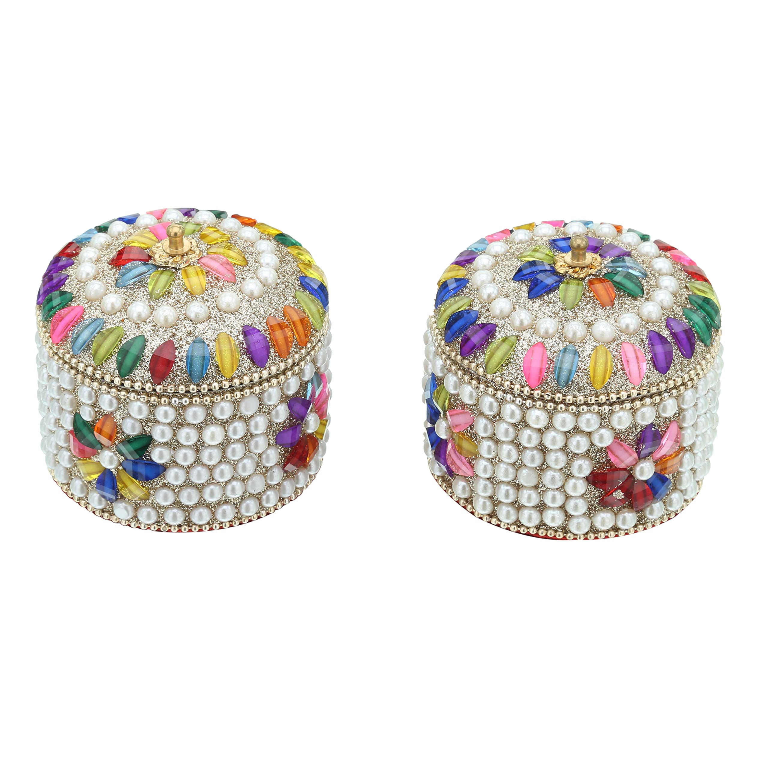 Craftam Pearl And Silver Stone Jewelry Box, Decorative Jewellery Dabbi Organizer for Rings, Earrings, Trinkets,Decorative Gift Box for Women (7×7×6 cm, Pack of 2)